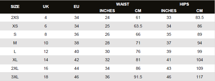 Women's jogger size chart
