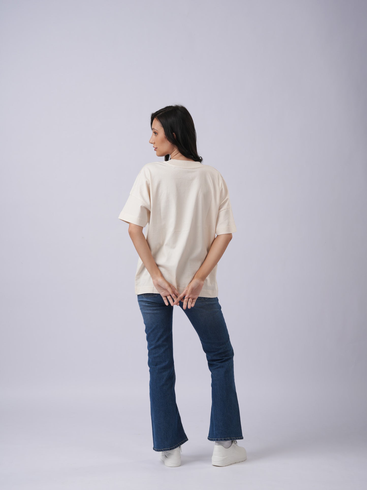 Women's oversized floral print ivory t-shirt back view - Lexanber UK