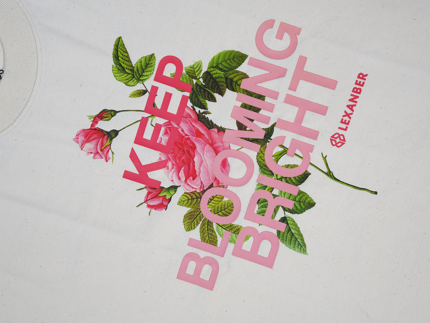 KEEP BLOOMING BRIGHT' with floral design, featuring the brand 'LEXANBER'
