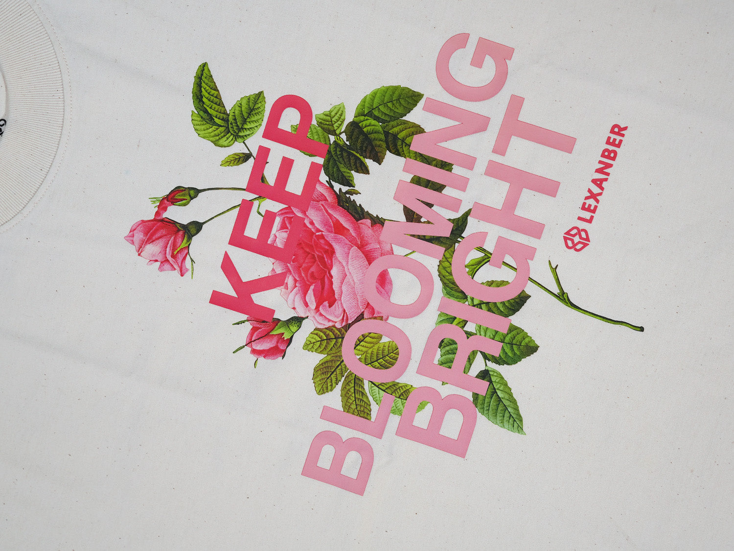 KEEP BLOOMING BRIGHT' with floral design, featuring the brand 'LEXANBER'