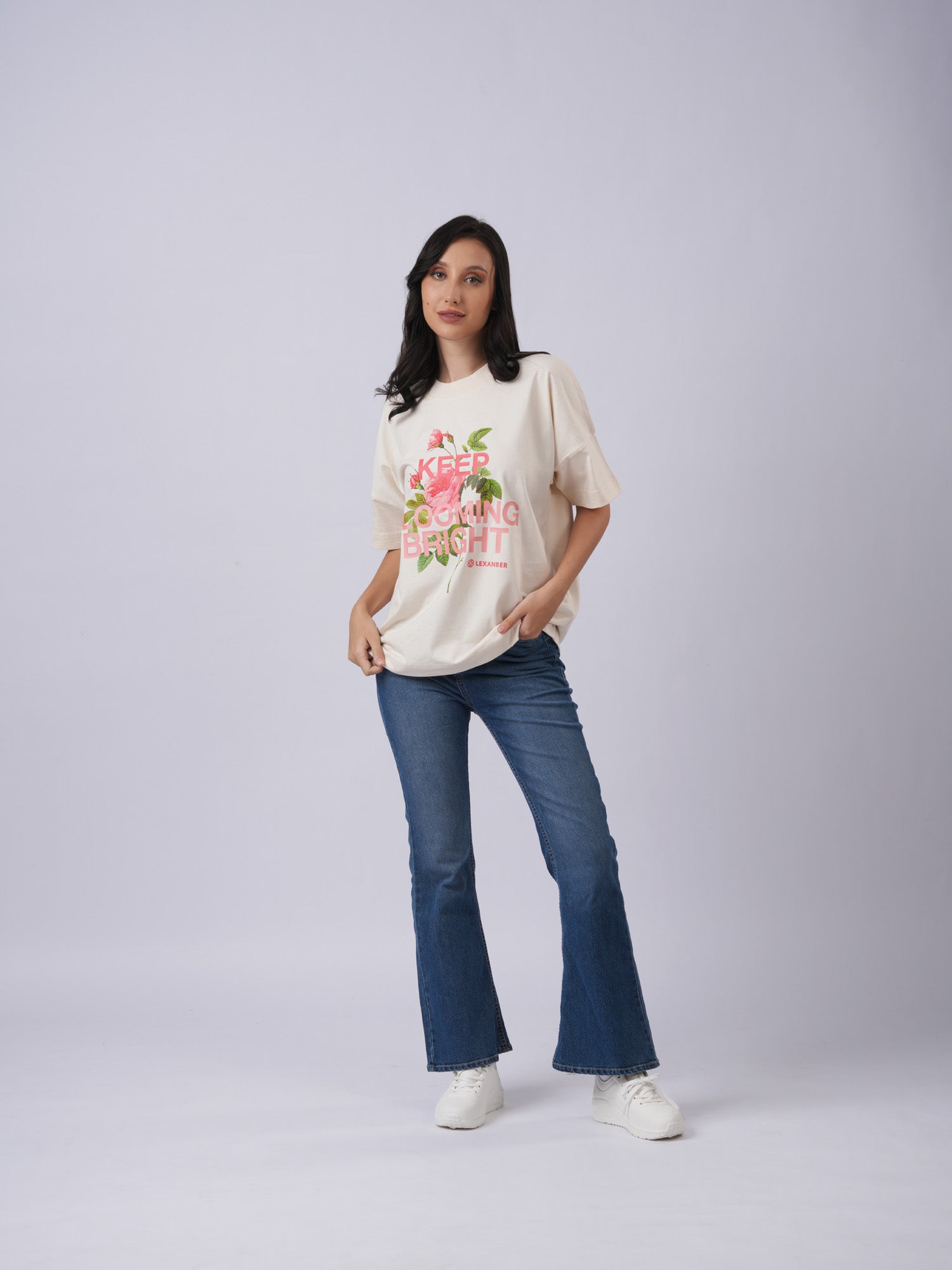 Women's oversized floral print ivory t-shirt front view - Lexanber UK