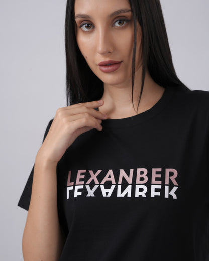 Close-up view of women's regular fit organic cotton LEXANBER mirrored print tshirt - Lexanber UK