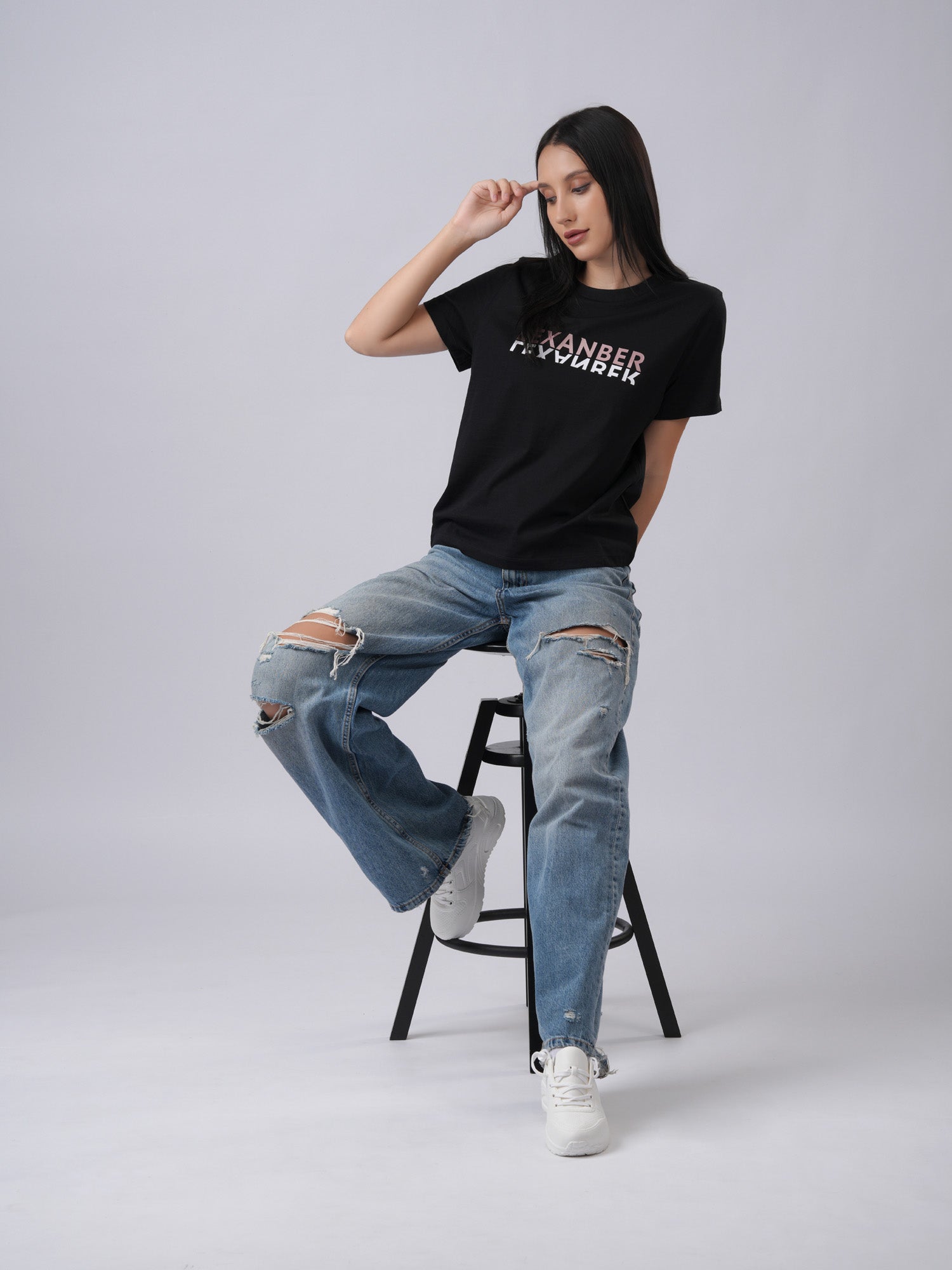 Women's regular fit printed organic cotton black tshirt front view - Lexanber UK