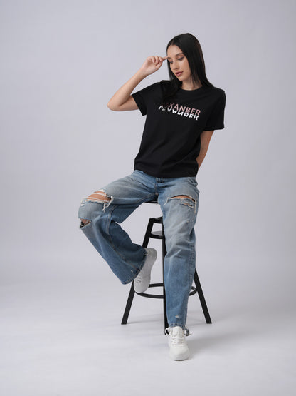 Women's regular fit printed organic cotton black tshirt front view - Lexanber UK