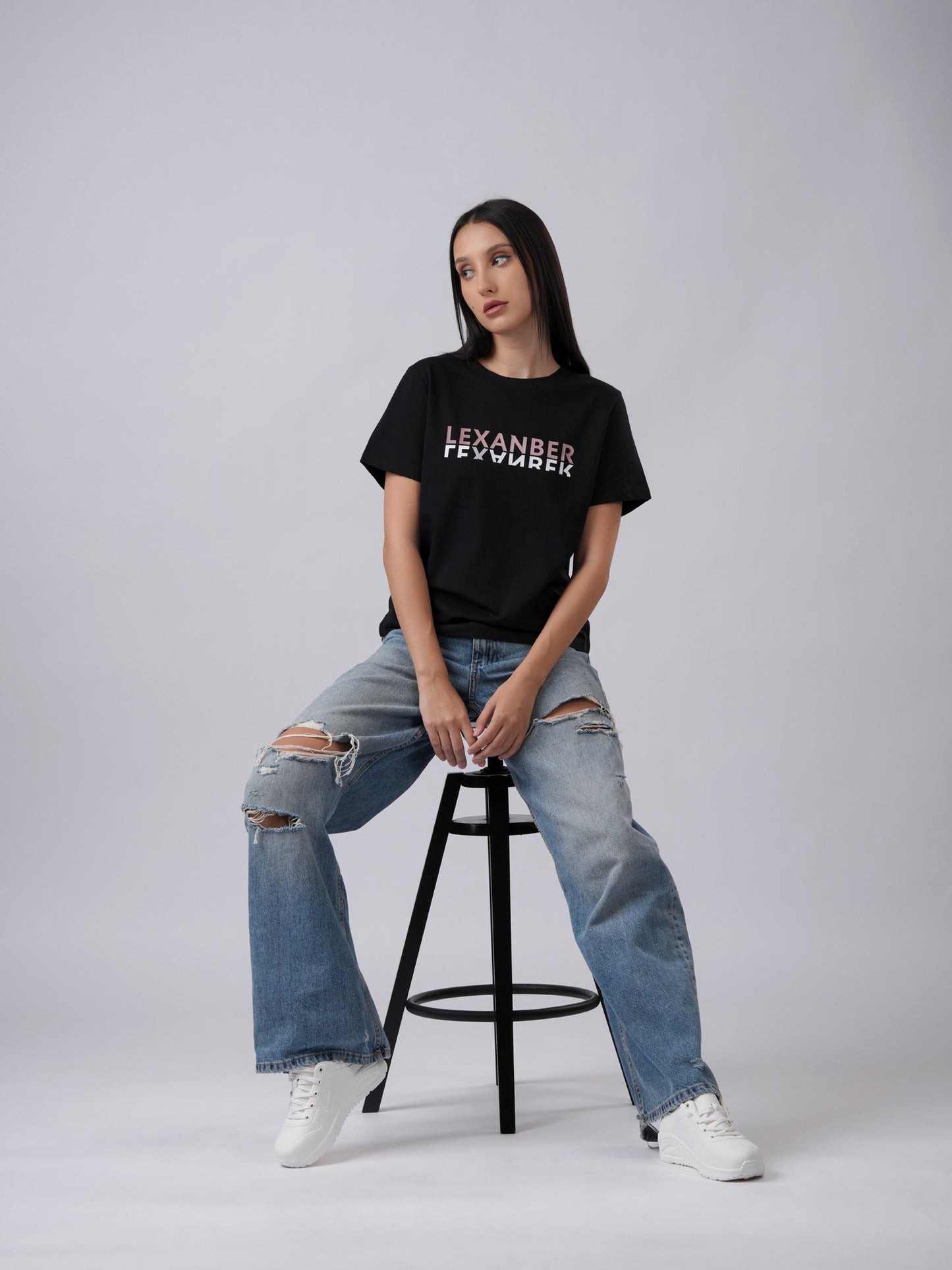 Women's regular fit printed organic cotton black t-shirt front view - Lexanber UK