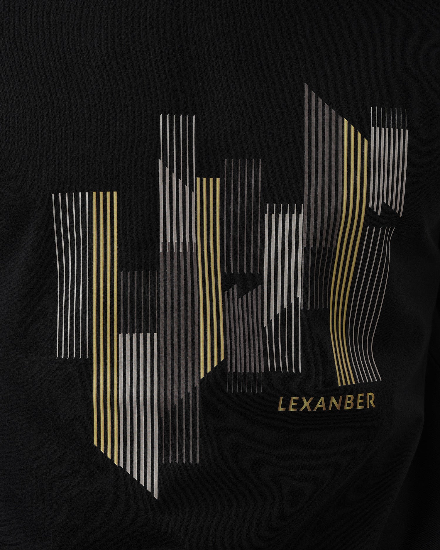 Black t-shirt with abstract design and 'LEXANBER' branding on a dark background