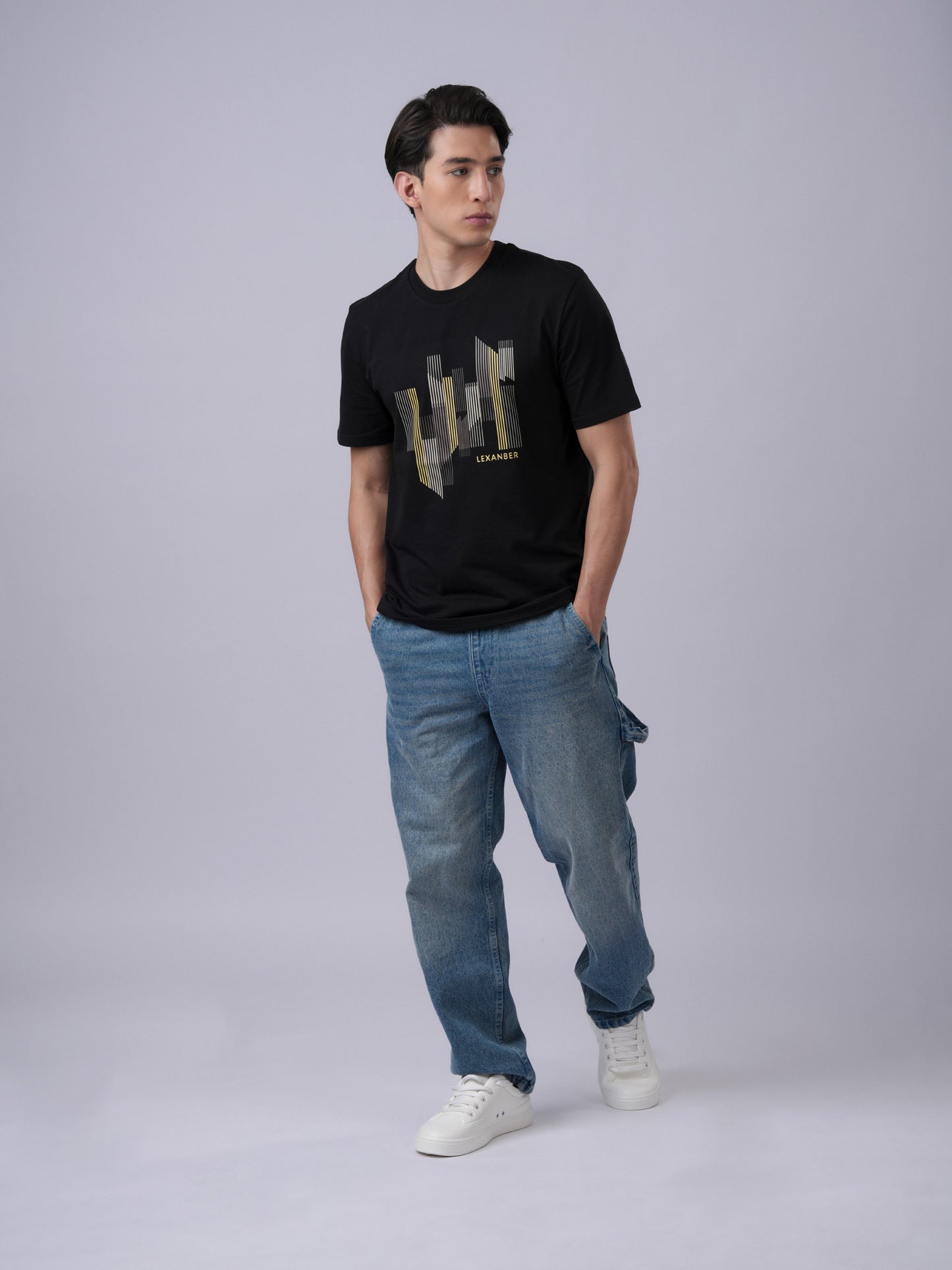 Mens organic cotton city scape graphic regular fit t-shirt in black- front view2 - Lexanber UK