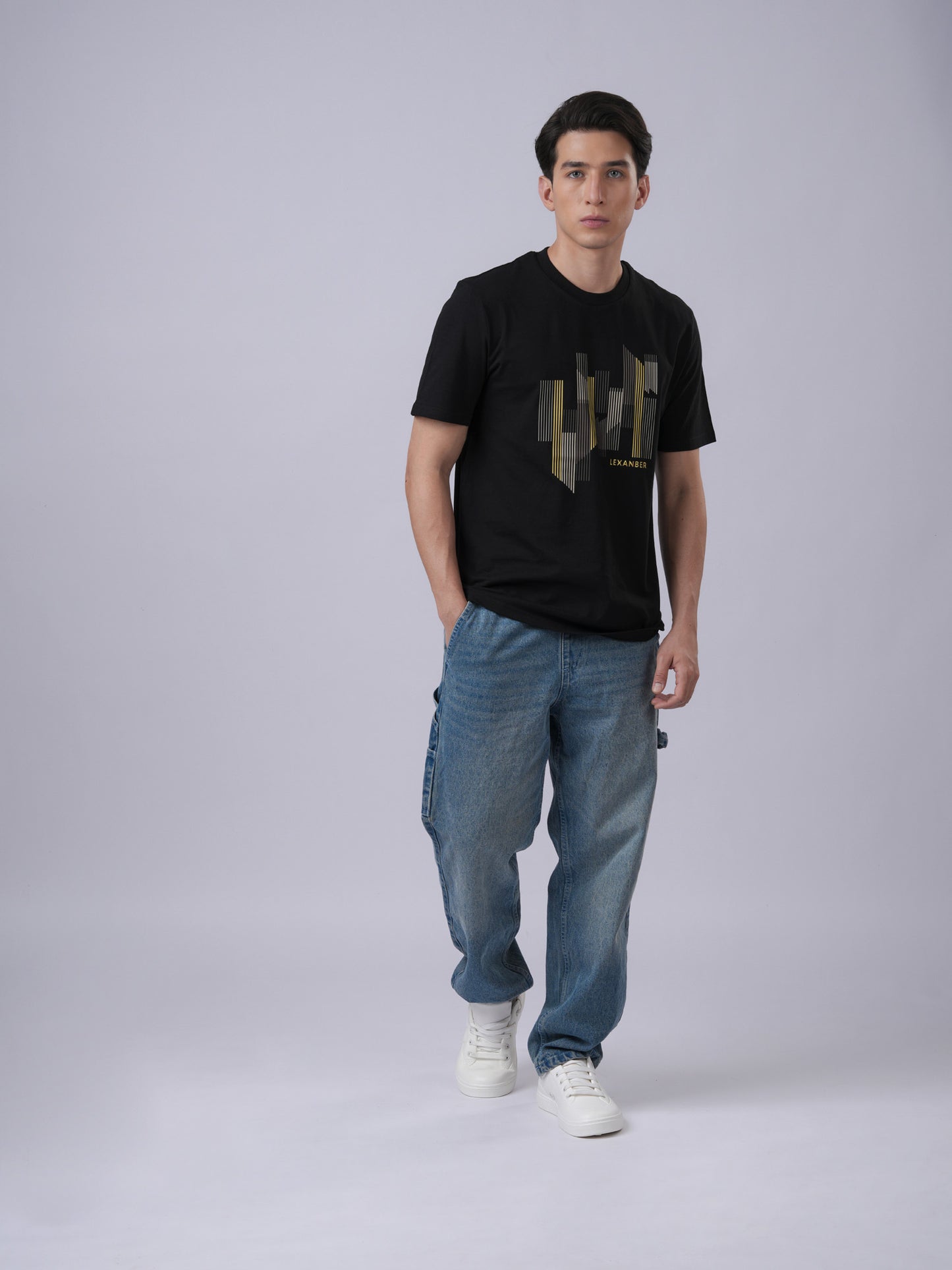 Person wearing regular fit black t-shirt with city scape graphic - front view3 - Lexanber UK