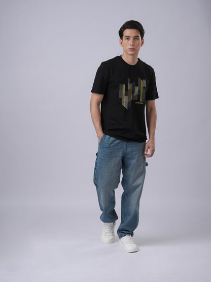 Person wearing regular fit black t-shirt with city scape graphic - front view3 - Lexanber UK