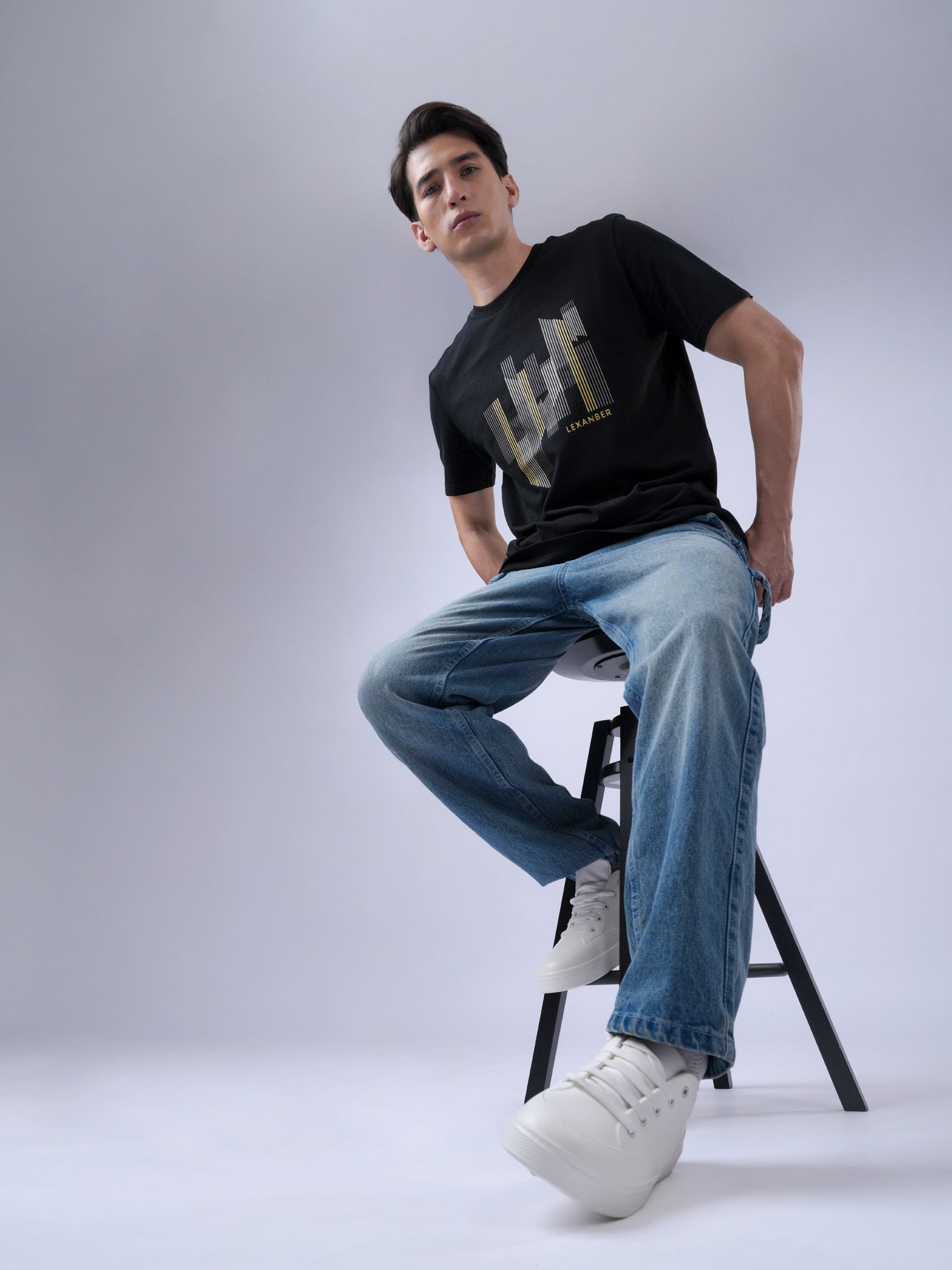 Men's daily wear regular fit black geometric printed organic cotton tshirt - front view - Lexanber UK