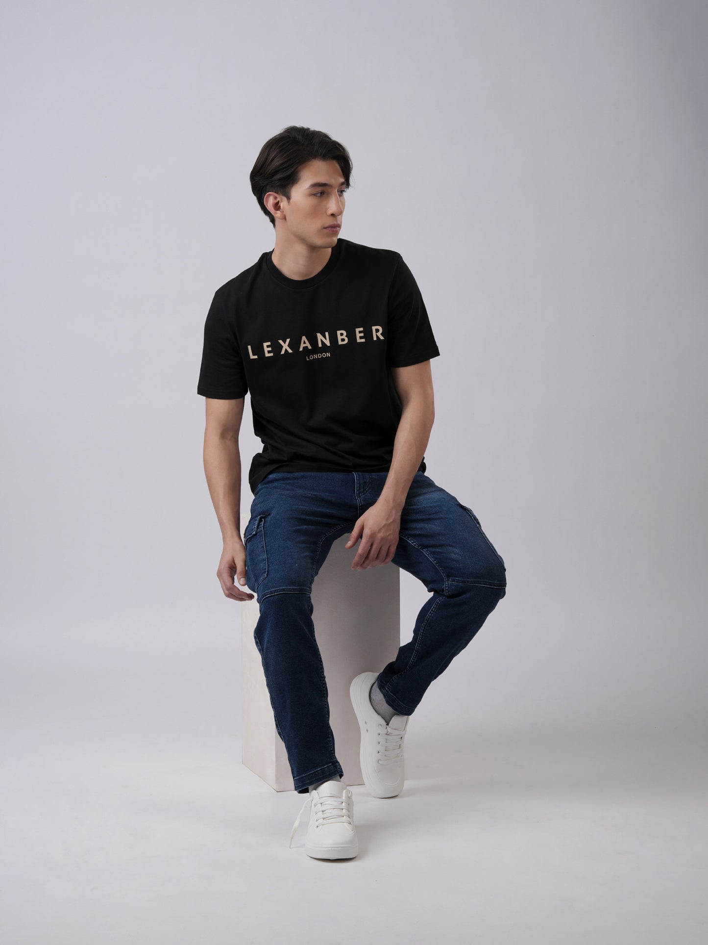 Men's regular gold printed classic logo organic cotton black tshirt - front view4 - Lexanber UK