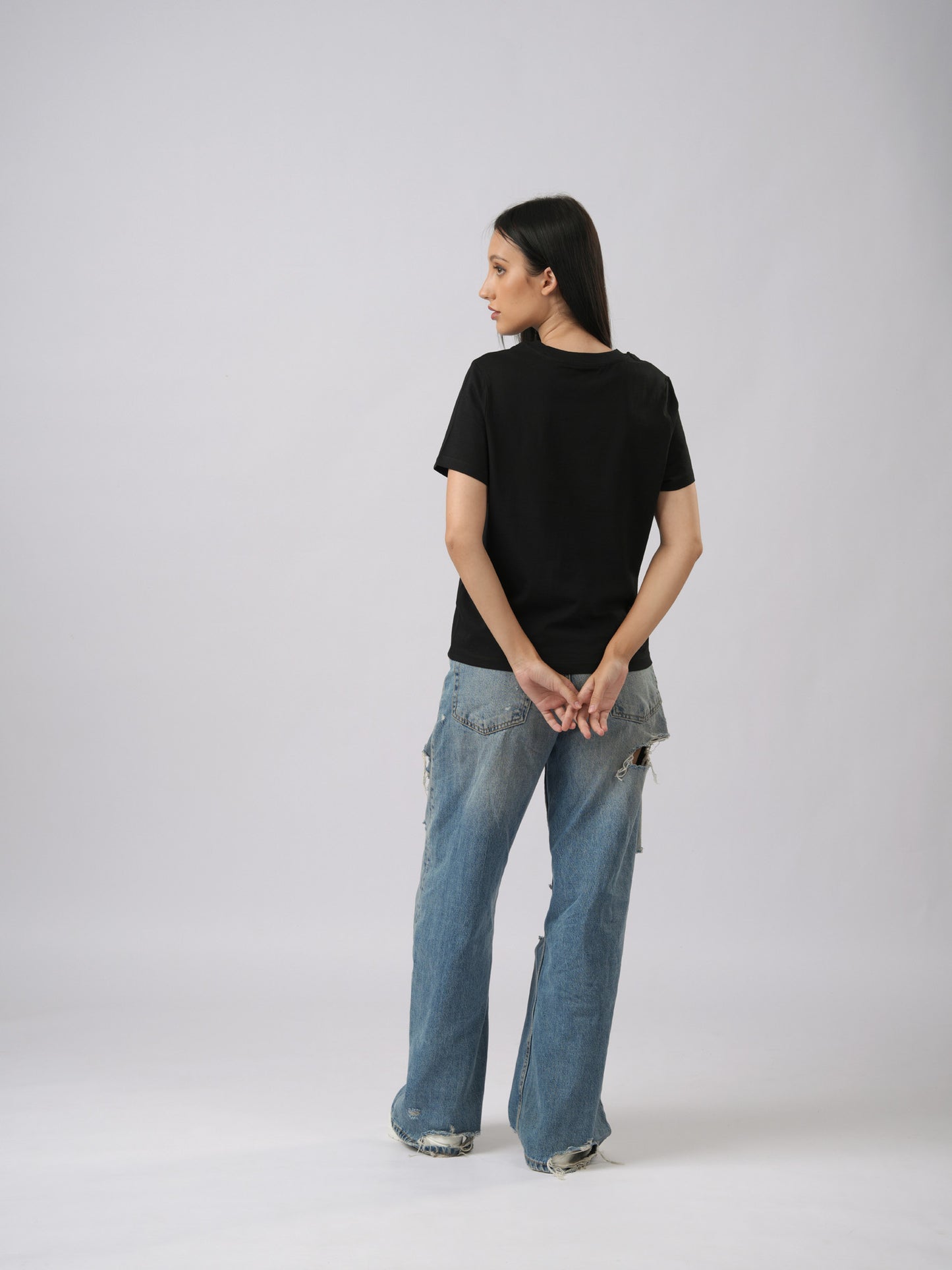 Women's regular sized LEXANBER mirrored print black t-shirt back view - Lexanber UK