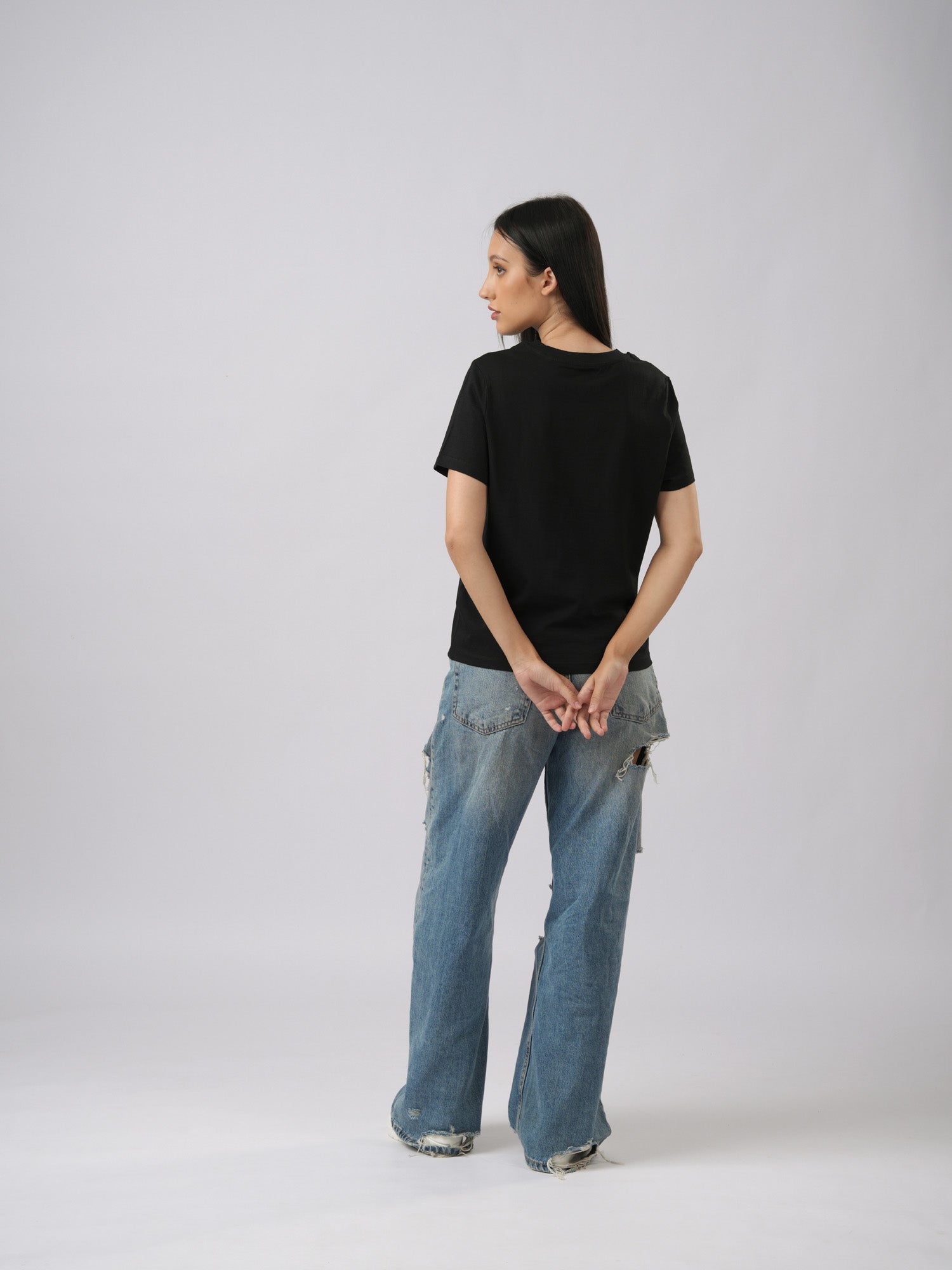 Women's regular sized LEXANBER mirrored print black t-shirt back view - Lexanber UK