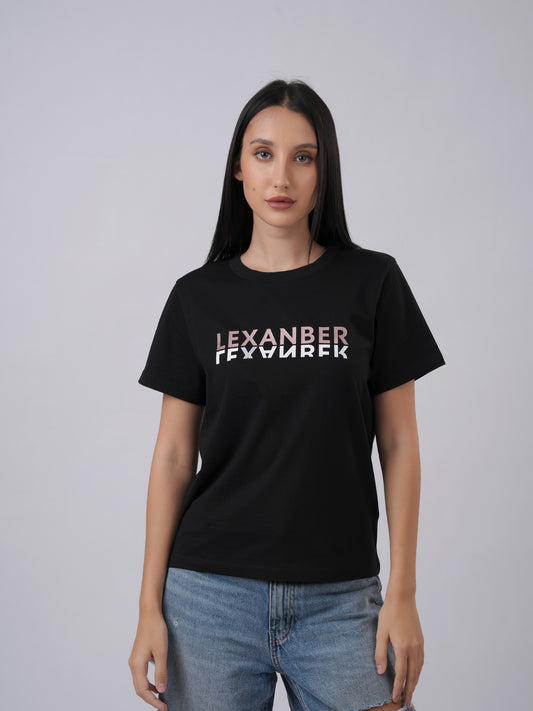Woman wearing a black t-shirt with 'LEXANBER' mirror logo text -front view