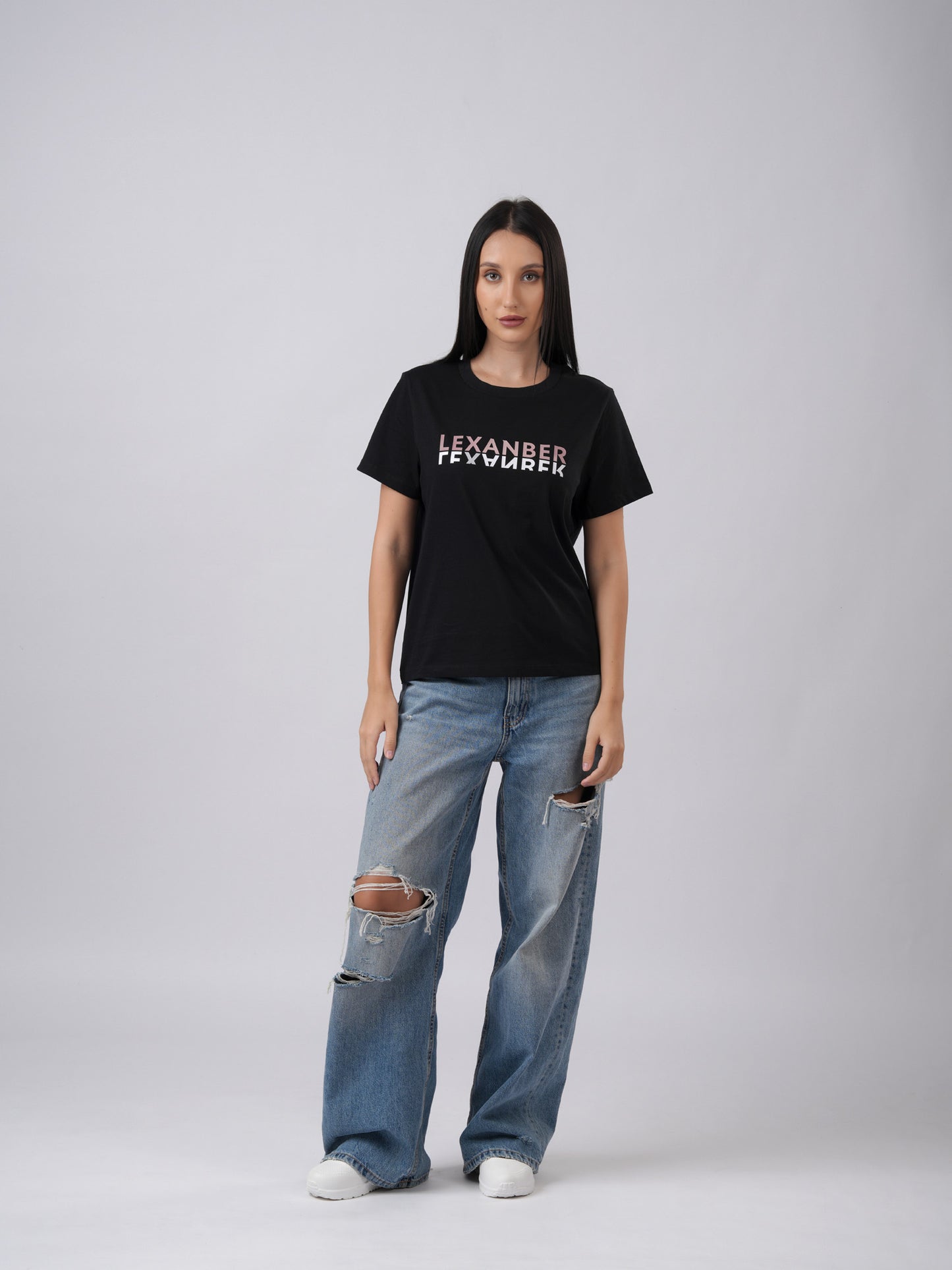 Women's regular sized LEXANBER mirrored print black casual wear t-shirt front view - Lexanber UK