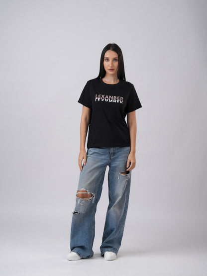 Women's regular sized LEXANBER mirrored print black casual wear t-shirt front view - Lexanber UK