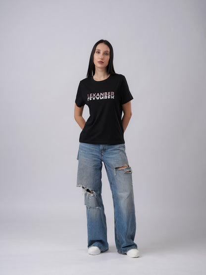 Model wearing organic cotton printed regular fit black daily wear t-shirt - Lexanber UK