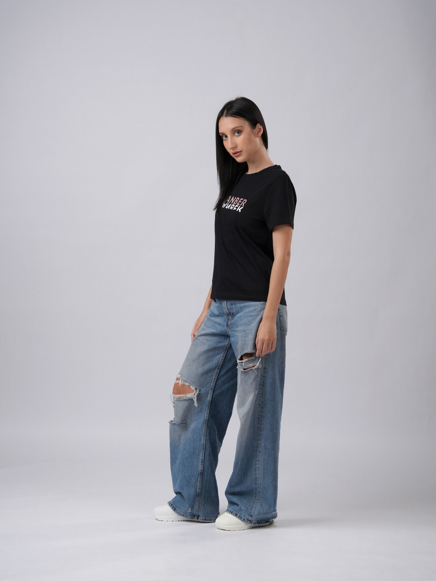 Women's regular sized organic cotton LEXANBER print soft black tshirt - Lexanber UK