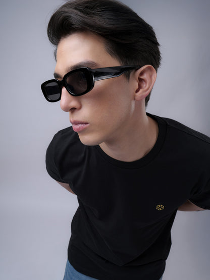 Men's regular fit black printed signature badge organic cotton black tshirt - top view - Lexanber UK