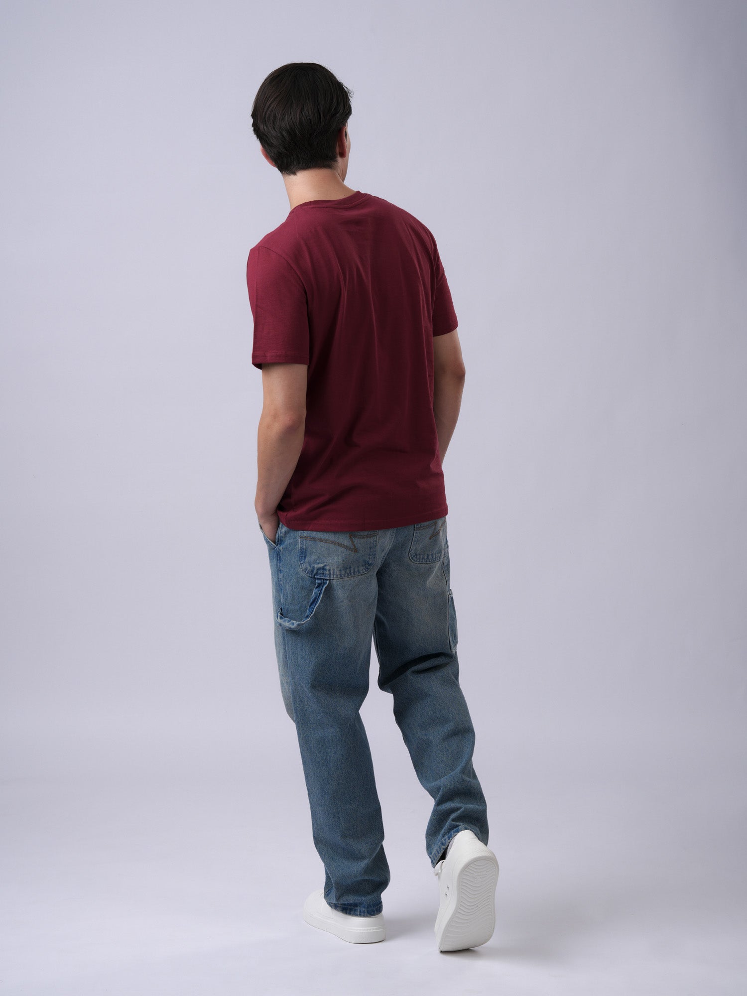 Mens regular fit geometric printed organic cotton burgundy t-shirt - back view - Lexanber UK
