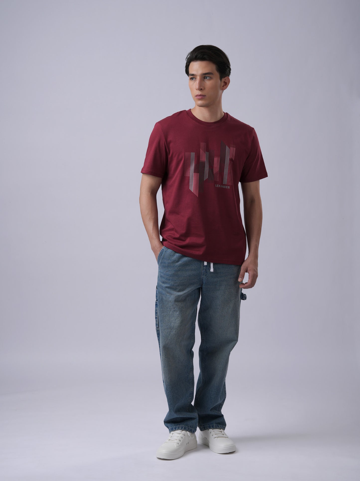Mens organic cotton abstract design regular fit t-shirt in burgundy- front view - Lexanber UK
