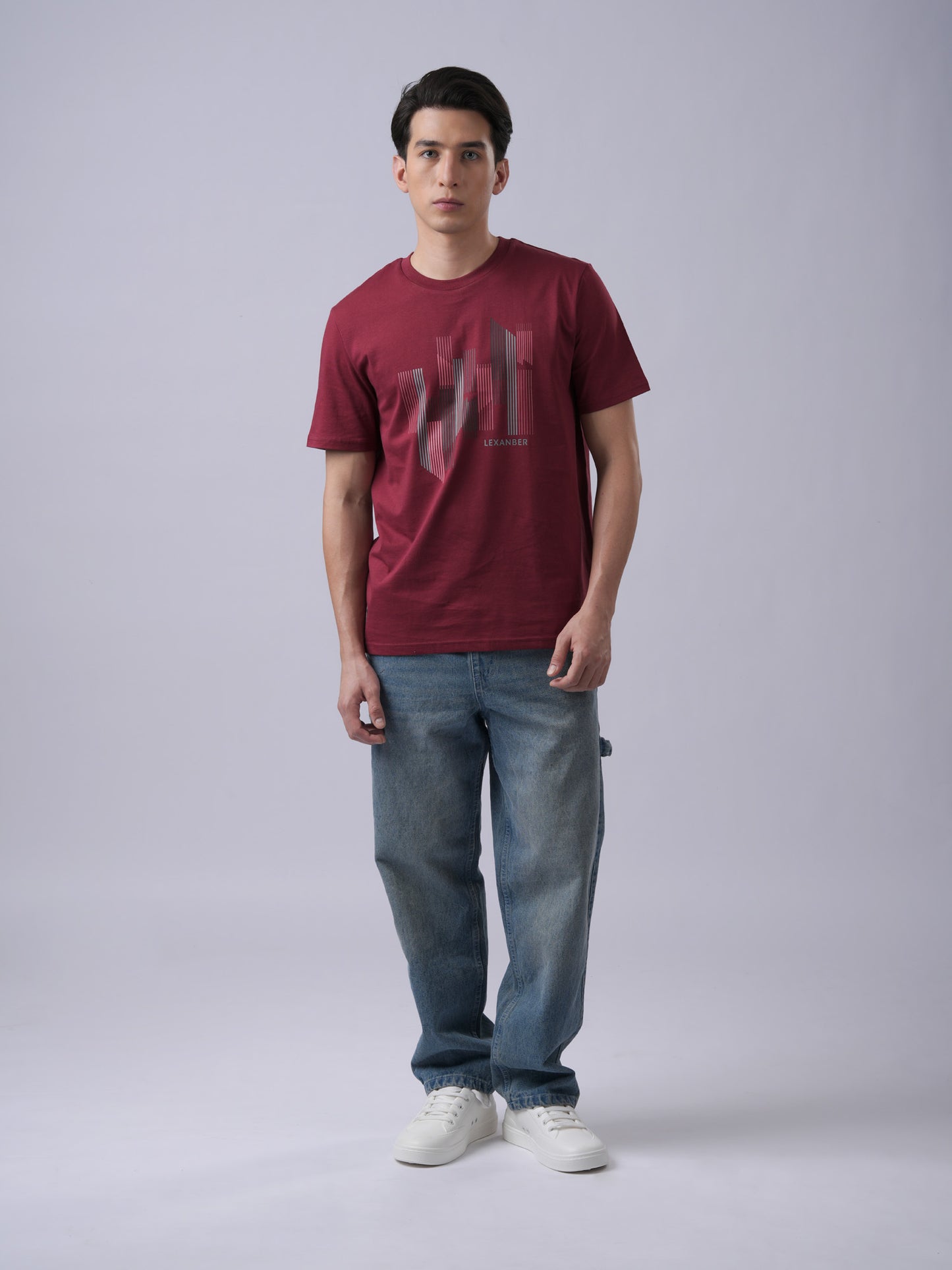 Person wearing regular fit burgundy t-shirt with city scape graphic - front view - Lexanber UK