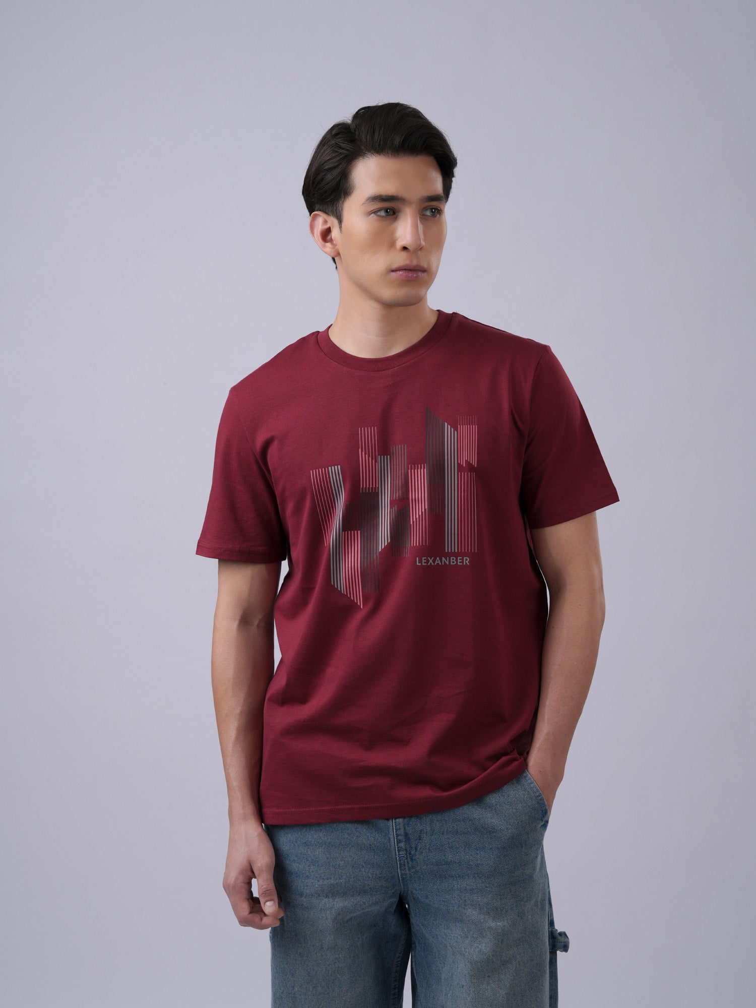 Men's daily wear regular fit burgundy geometric printed organic cotton tshirt - front view - Lexanber UK
