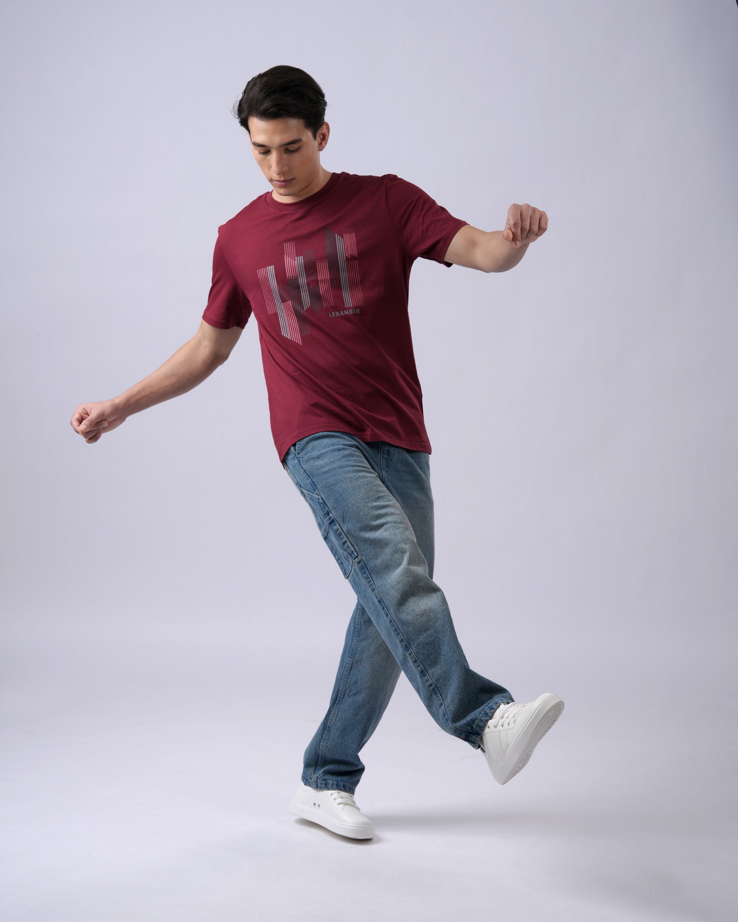 Model wearing organic cotton printed city scape printed regular fit maroon t-shirt - Lexanber UK