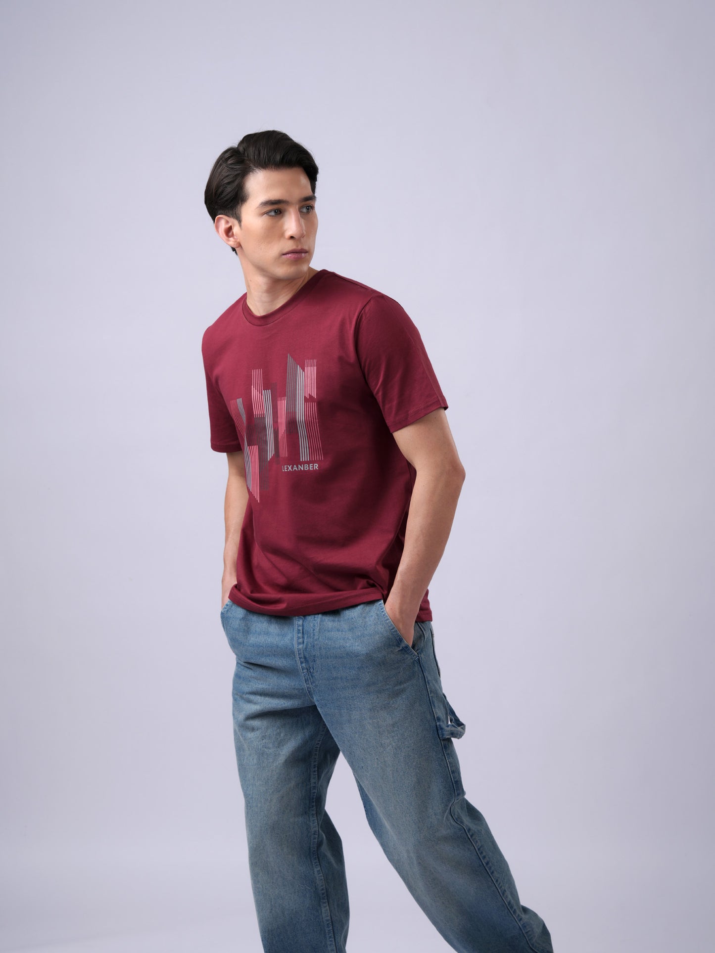 Men's regular fit street wear city scape design printed organic cotton burgundy tshirt - side view - Lexanber UK