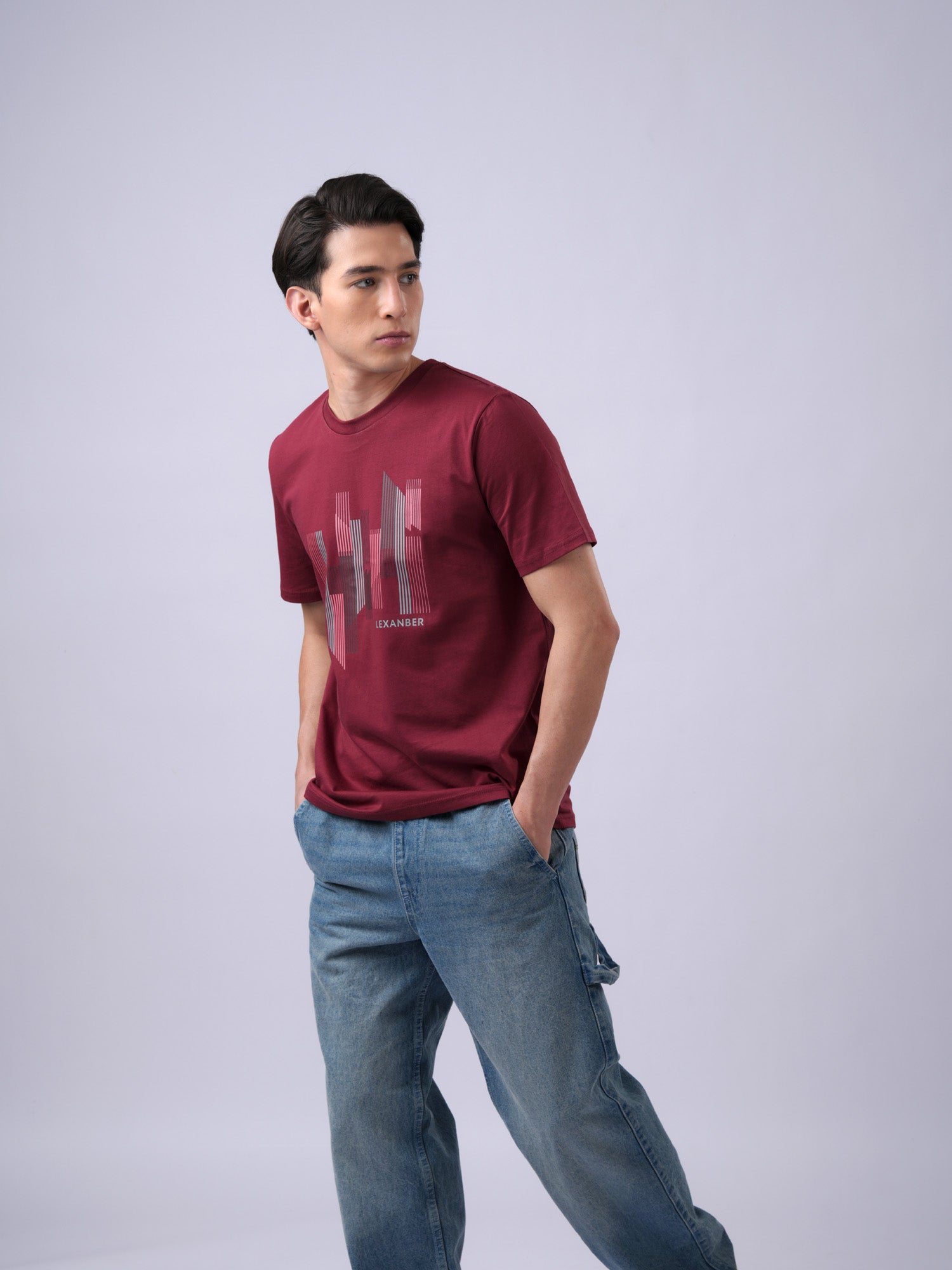 Men's regular fit street wear city scape design printed organic cotton burgundy tshirt - side view - Lexanber UK
