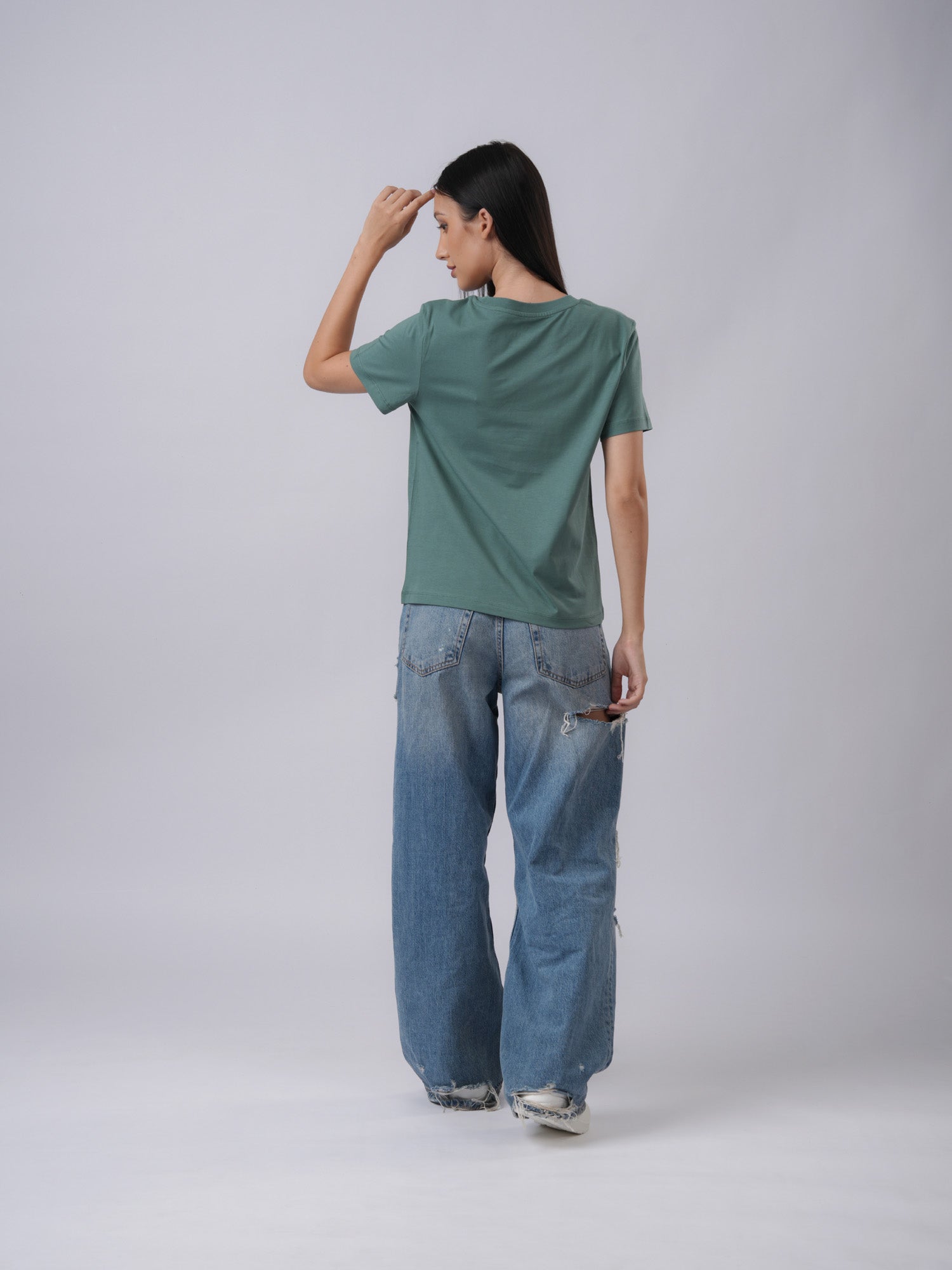 Women's regular fit 'follow your intuition' print eucalyptus green t-shirt back view - Lexanber UK