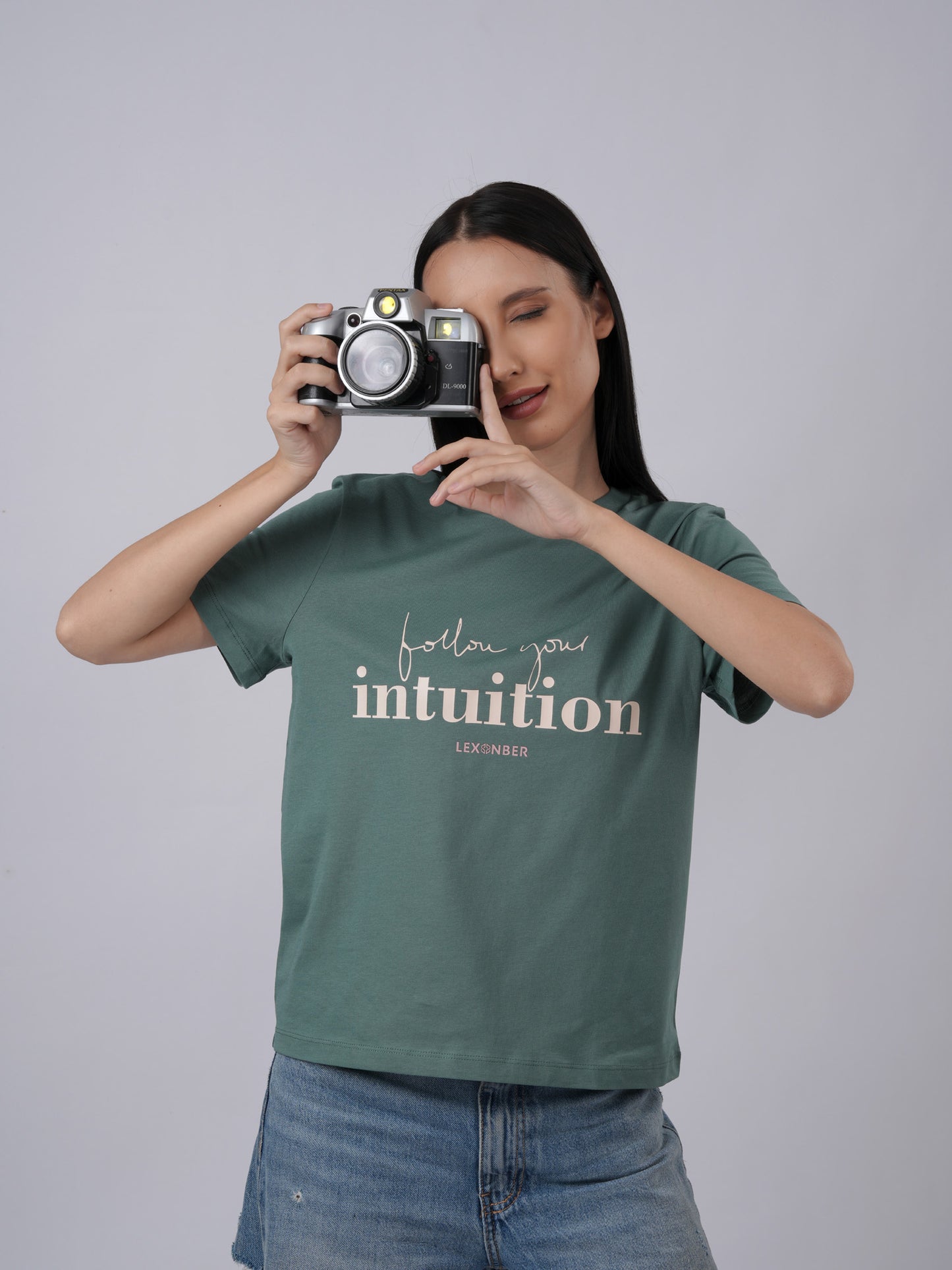 Close-up view of women's organic cotton inspirational quote eucalyptus green tshirt - Lexanber UK