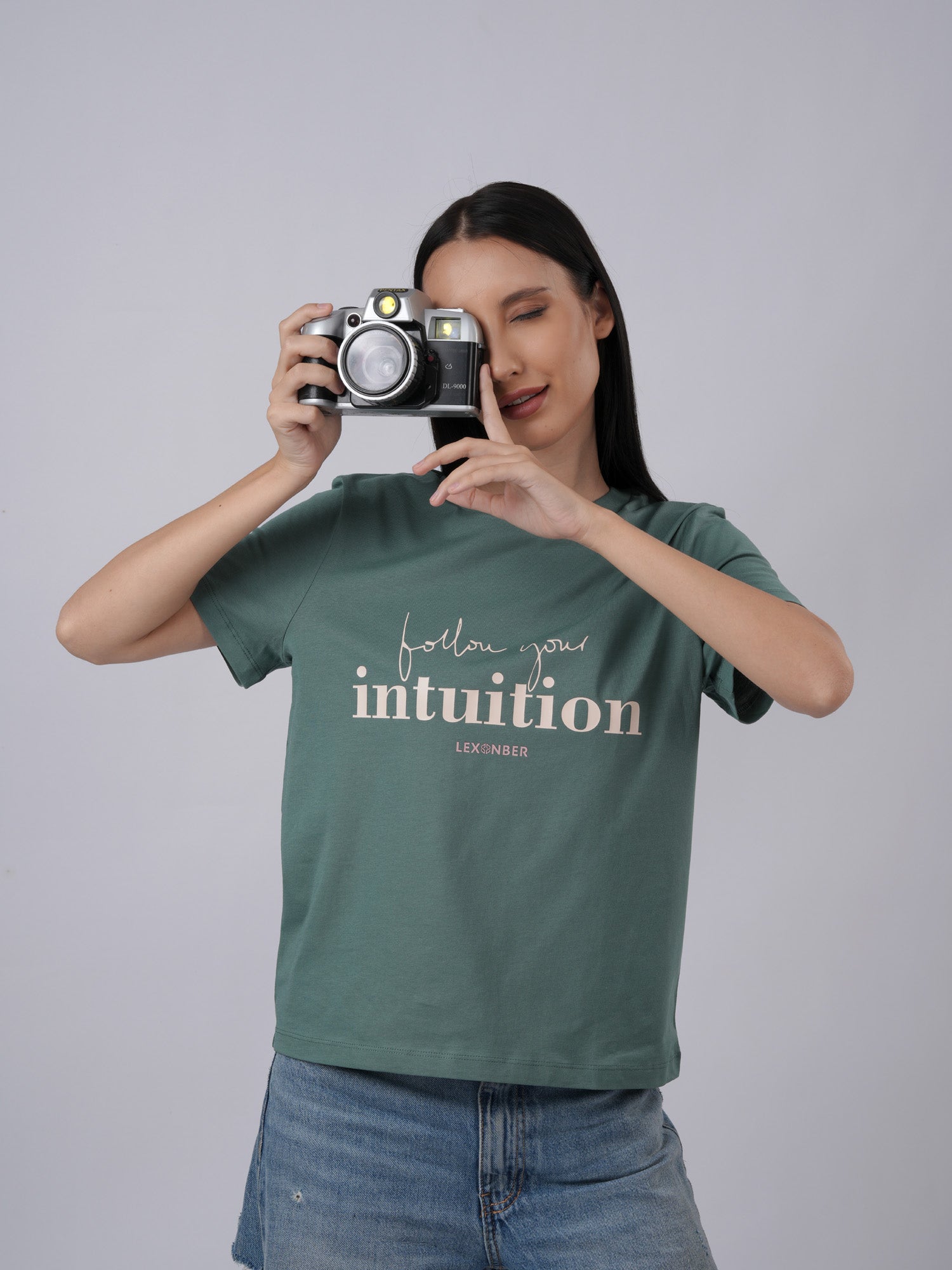 Close-up view of women's organic cotton inspirational quote eucalyptus green tshirt - Lexanber UK