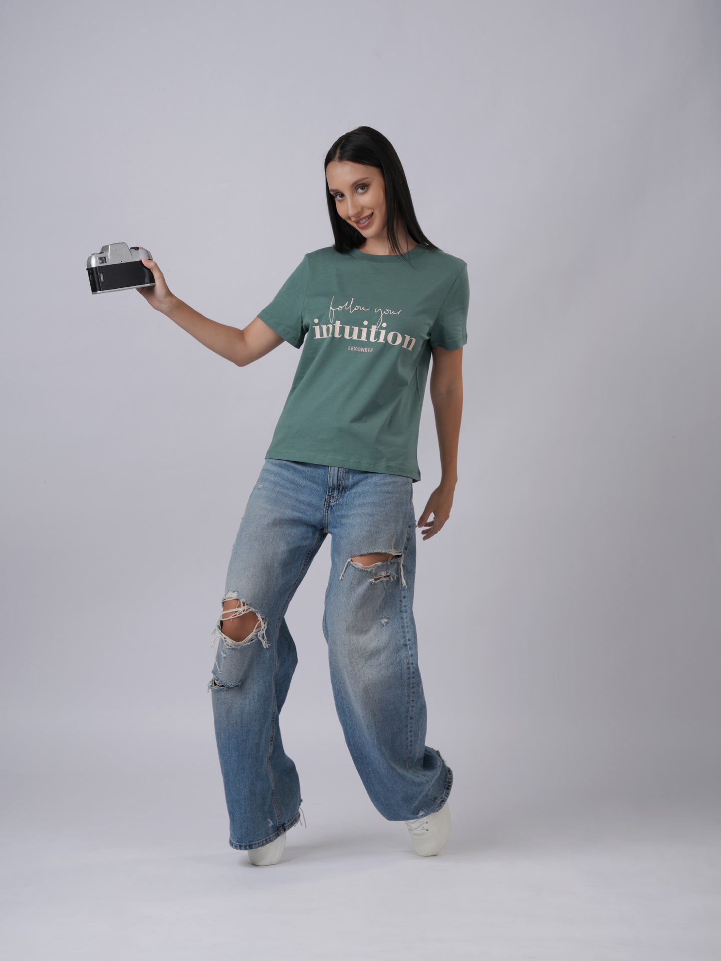 Women's regular sized 'follow your intuition' print eucalyptus green tshirt front view - Lexanber UK