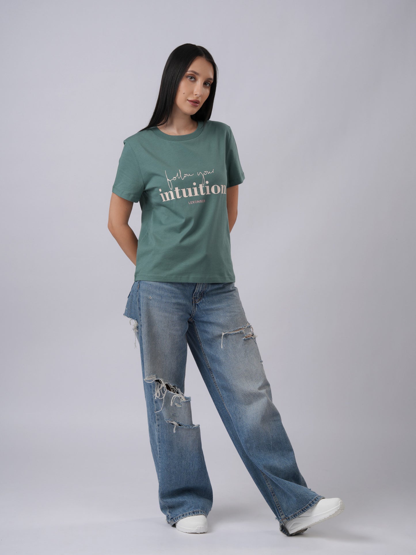 Women's regular sized organic cotton daily wear soft eucalyptus green tshirt - Lexanber UK