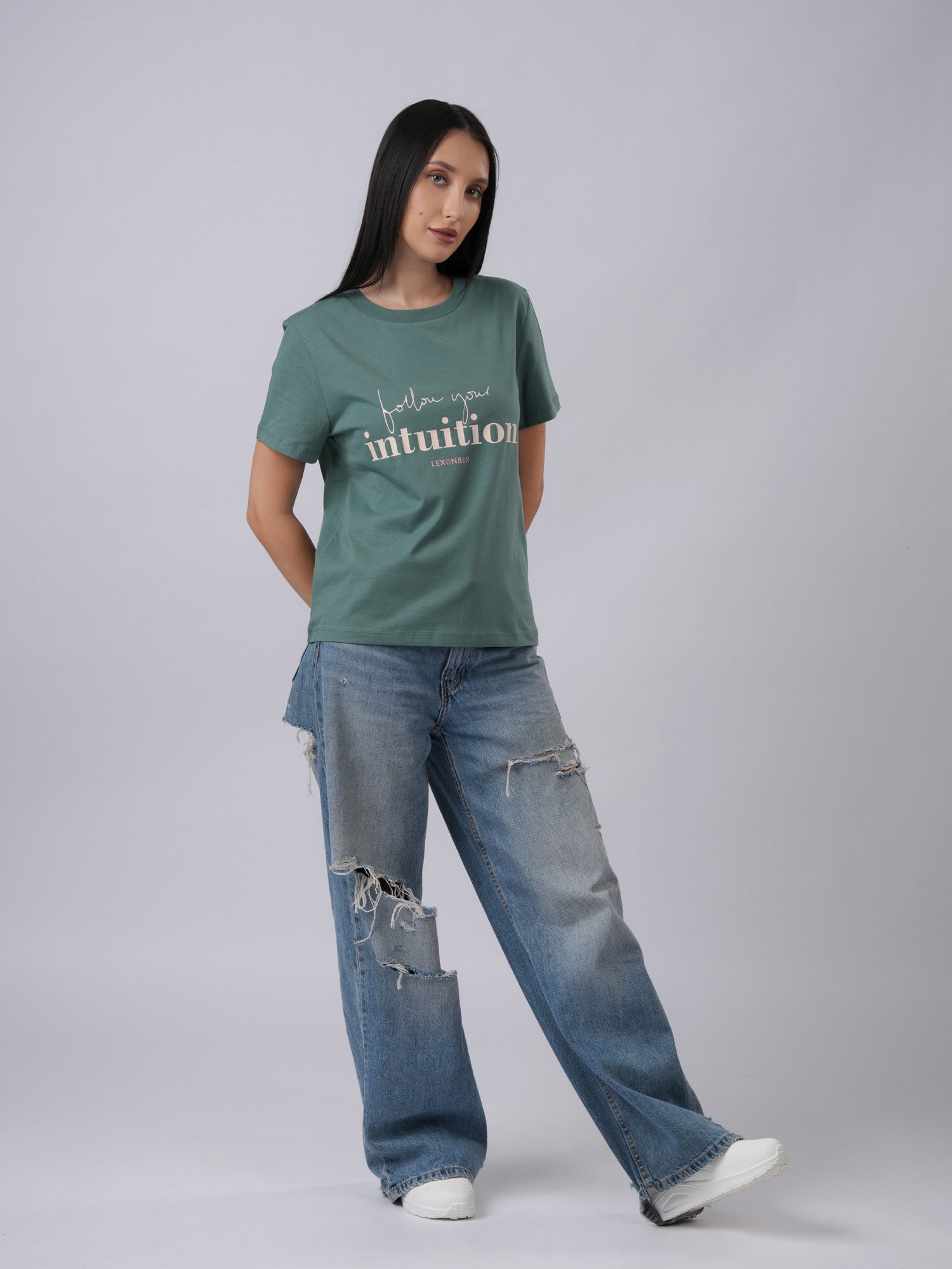 Women's regular sized organic cotton daily wear soft eucalyptus green tshirt - Lexanber UK