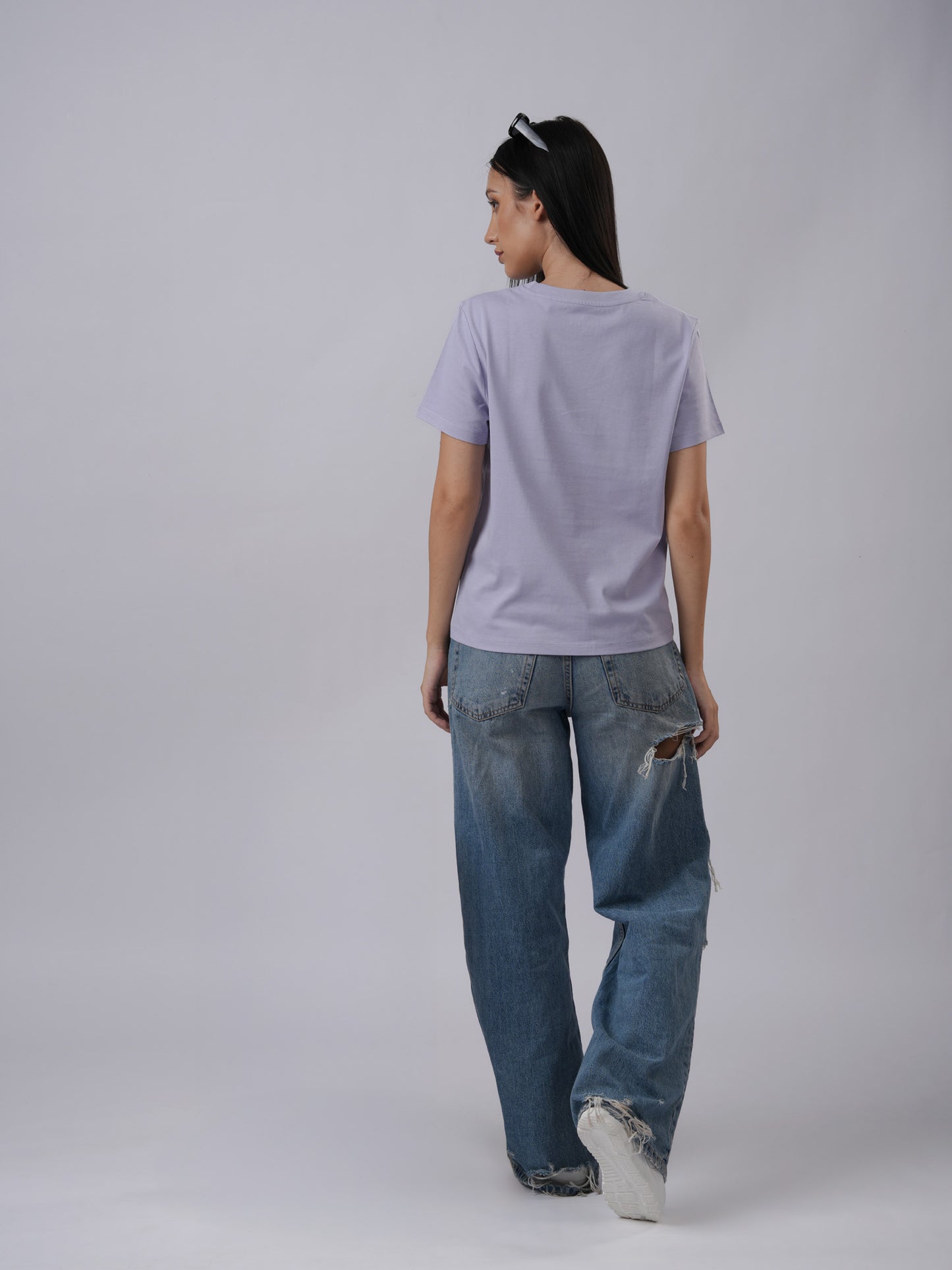 Women's regular sized floral print lavender casual soft t-shirt back view - Lexanber UK