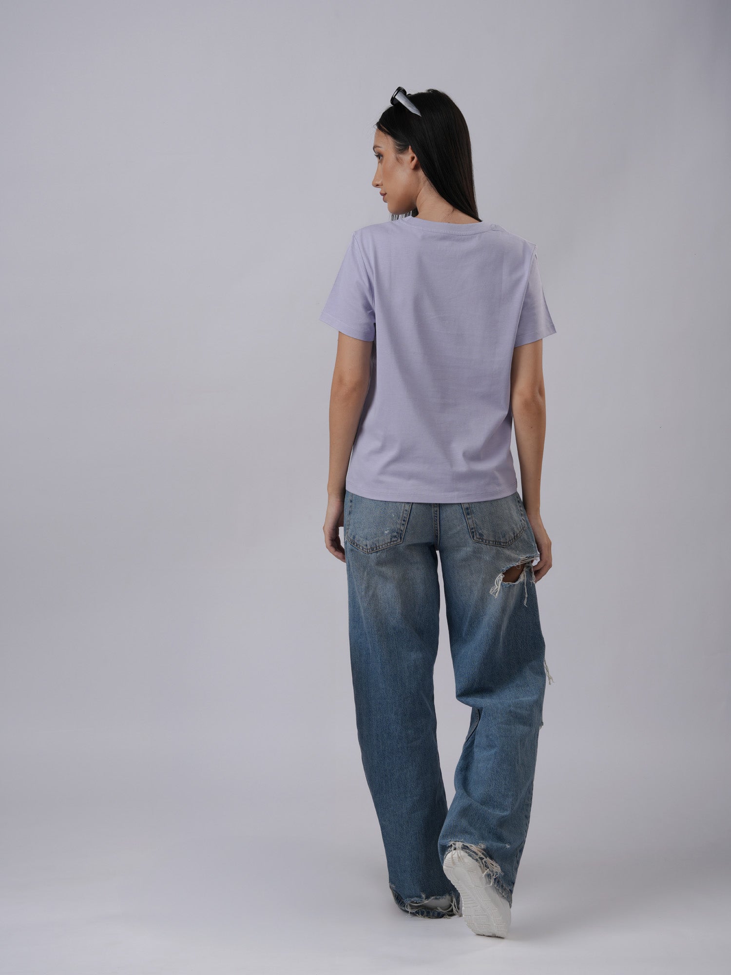 Women's regular sized floral print lavender casual soft t-shirt back view - Lexanber UK