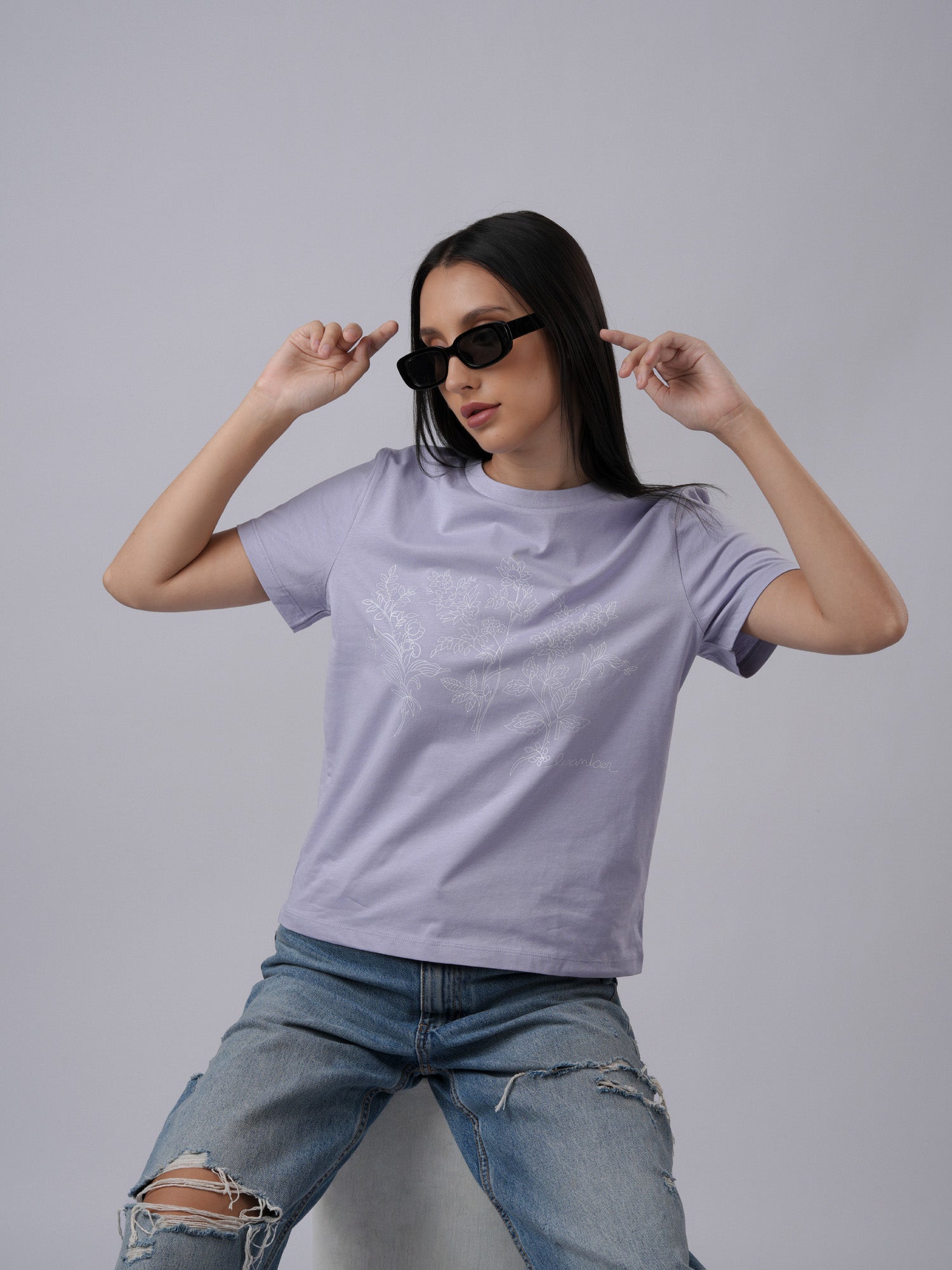 Women's regular fit floral print lavender t-shirt front view - Lexanber UK