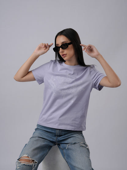 Women's regular fit floral print lavender t-shirt front view - Lexanber UK