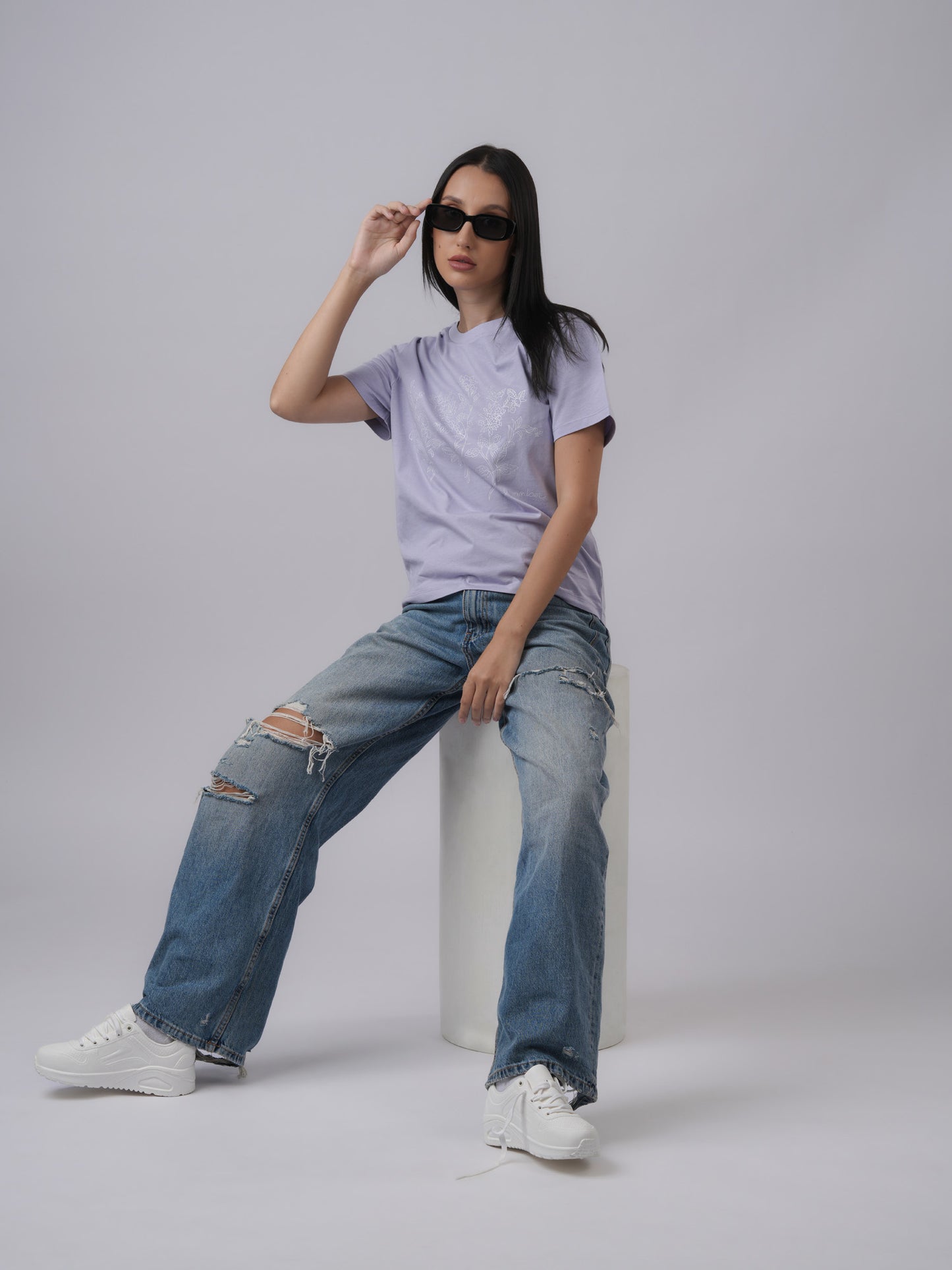 Women's regular everyday wear printed lavender organic cotton tshirt - front view - Lexanber UK