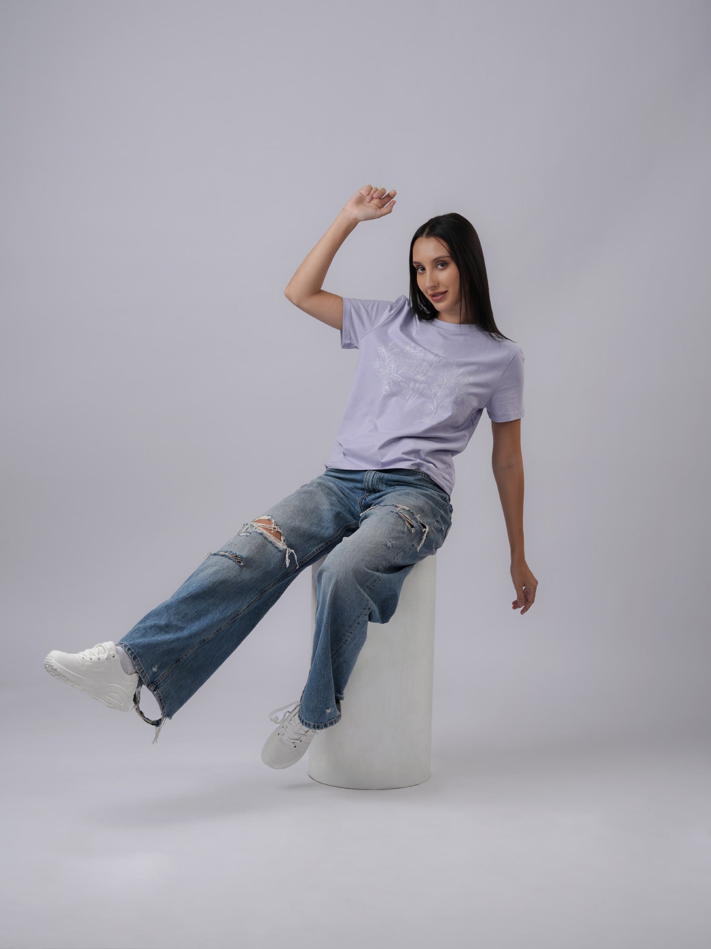 Model wearing organic cotton printed floral regular fit lavender t-shirt - Lexanber UK