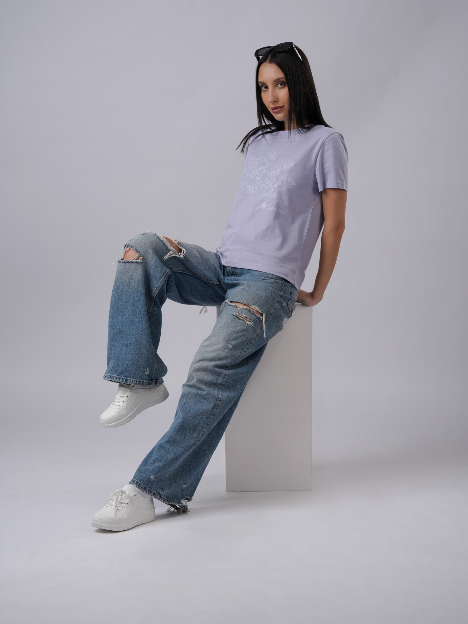 Women's regular sized floral print casual eco-friendly lavender tshirt side view - Lexanber UK