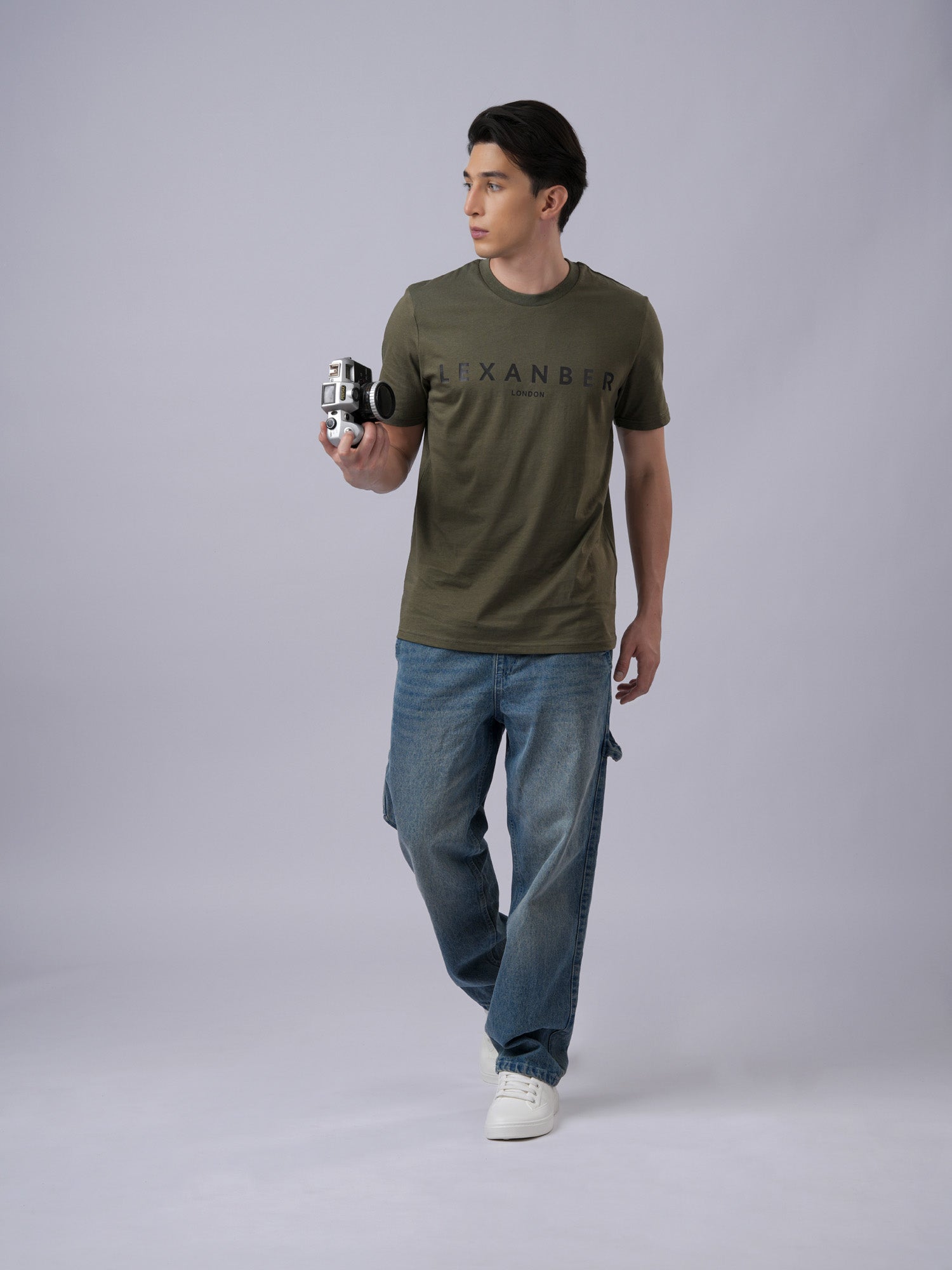 Men's regular fit black printed classic logo organic cotton olive green tshirt - front view4 - Lexanber UK