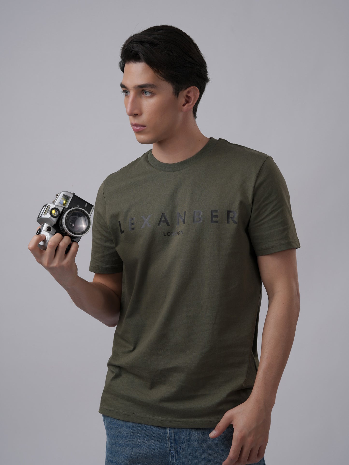 Men's regular fit black printed classic logo organic cotton olive green t-shirt - front view5 - Lexanber UK