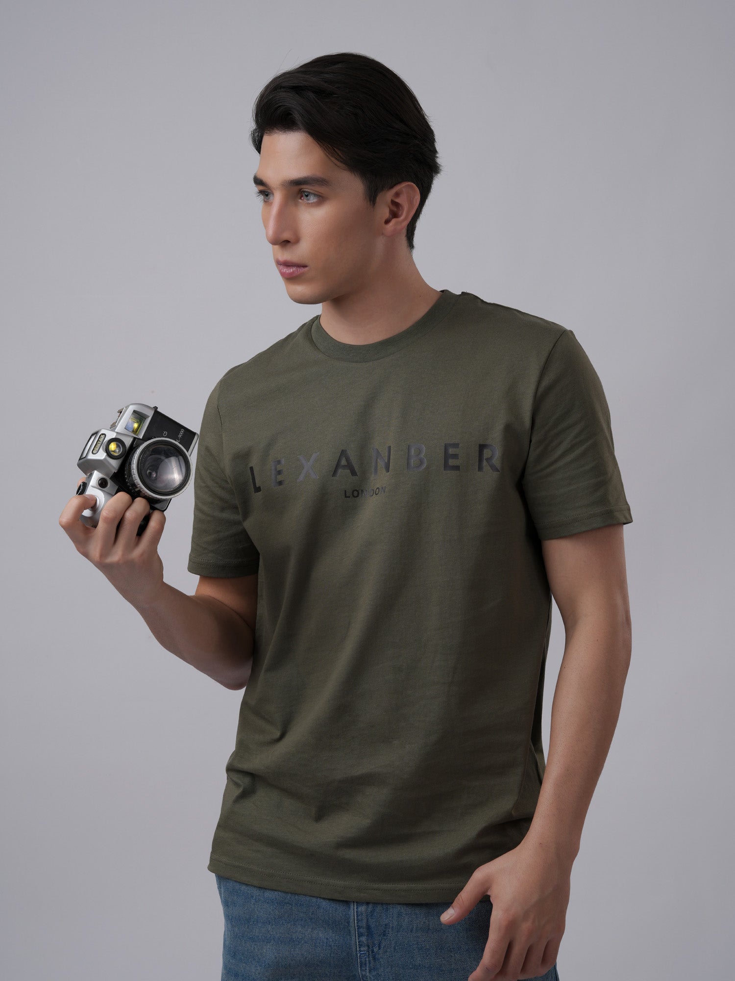 Men's regular fit black printed classic logo organic cotton olive green t-shirt - front view5 - Lexanber UK