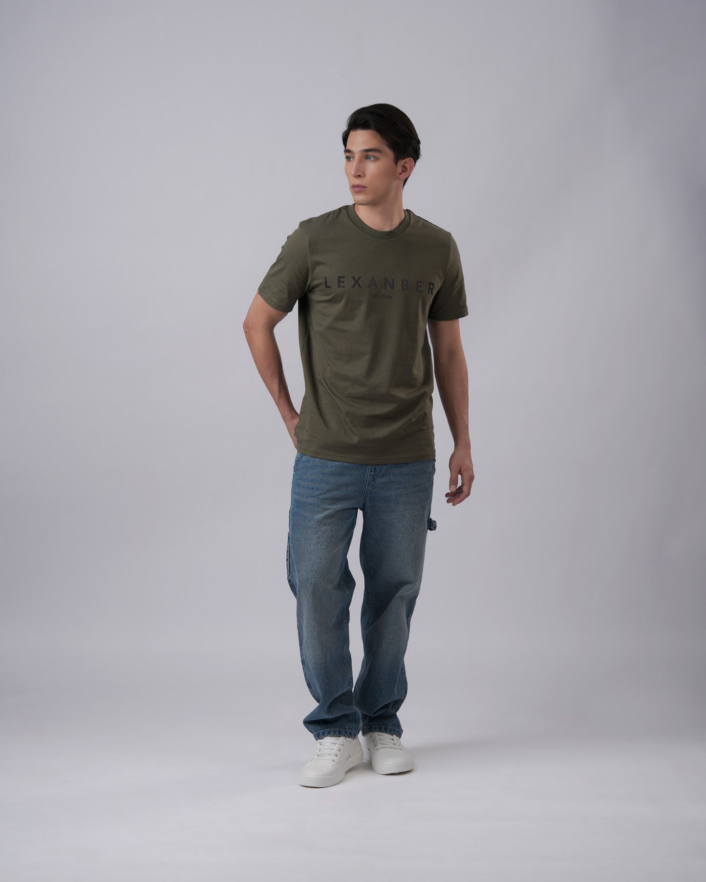 Model wearing organic cotton printed classic logo regular fit olive green t-shirt - Lexanber UK