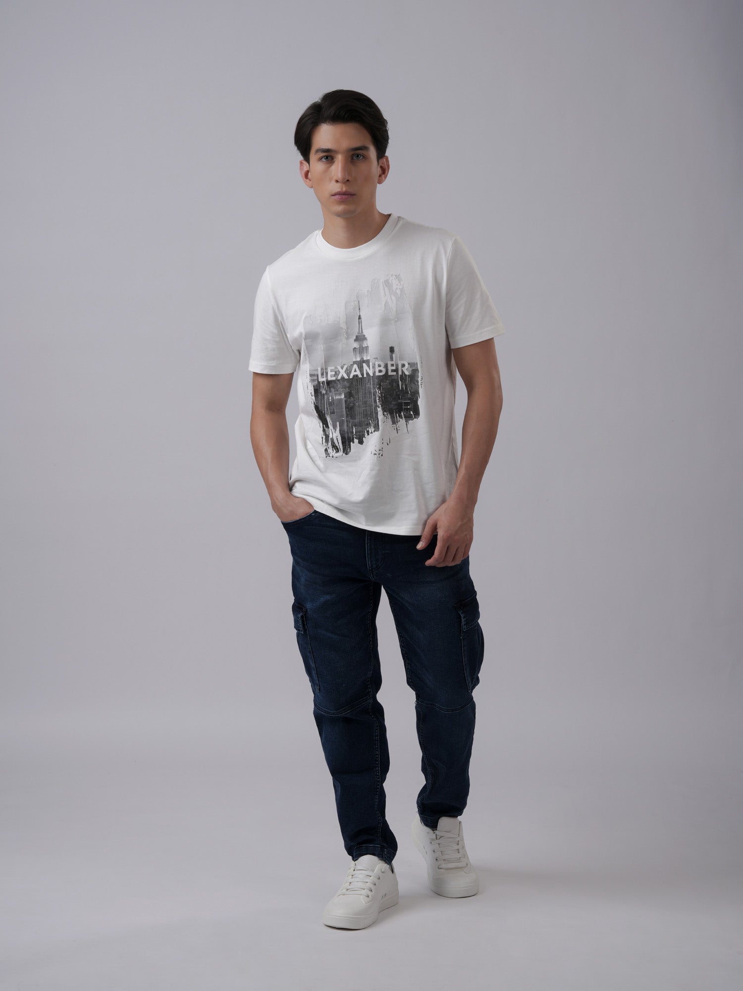 Model wearing organic cotton printed NewYork graphic regular white tshirt - Lexanber UK