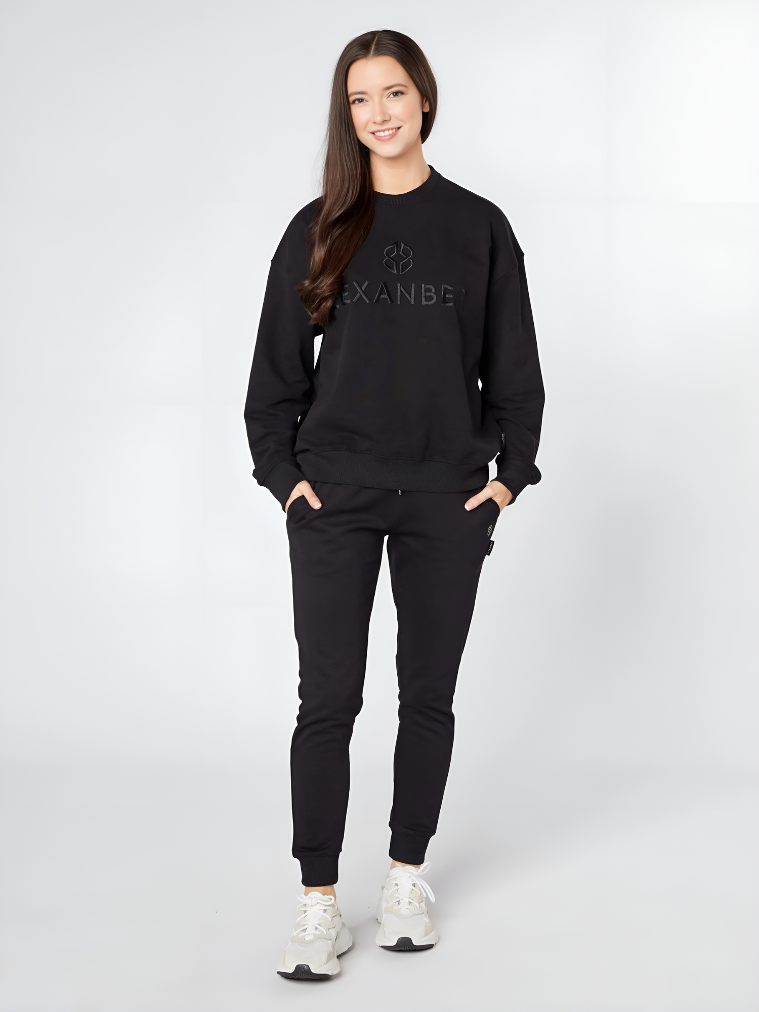 Model wearing women's relaxed fit casual wear soft cotton black sweatshirt with 'LEXANBER' and logo embroidery - Lexanber UK