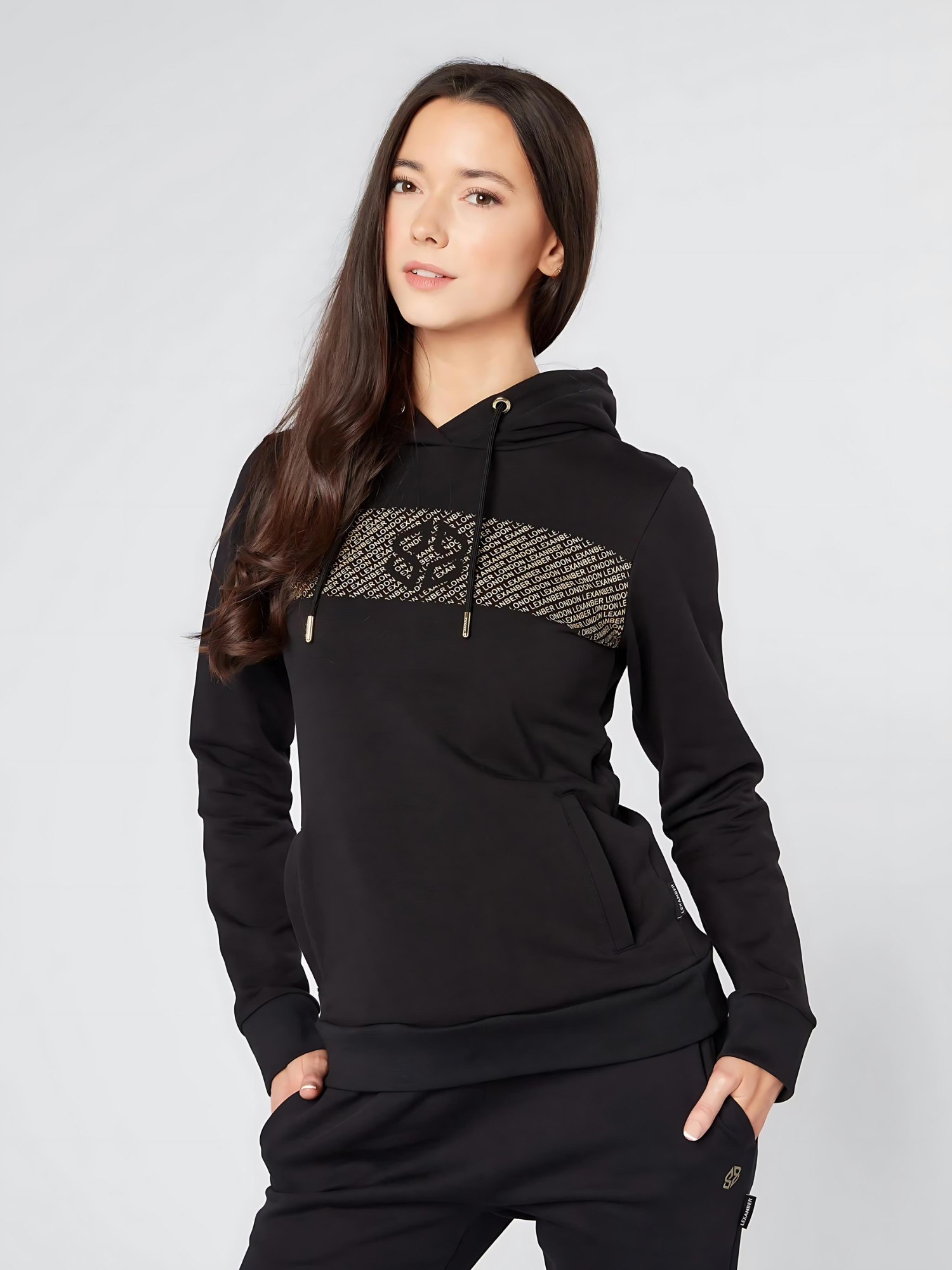 Slim fit womens casual wear overhead black hoodie with white patterned chest design - front view - Lexanber UK